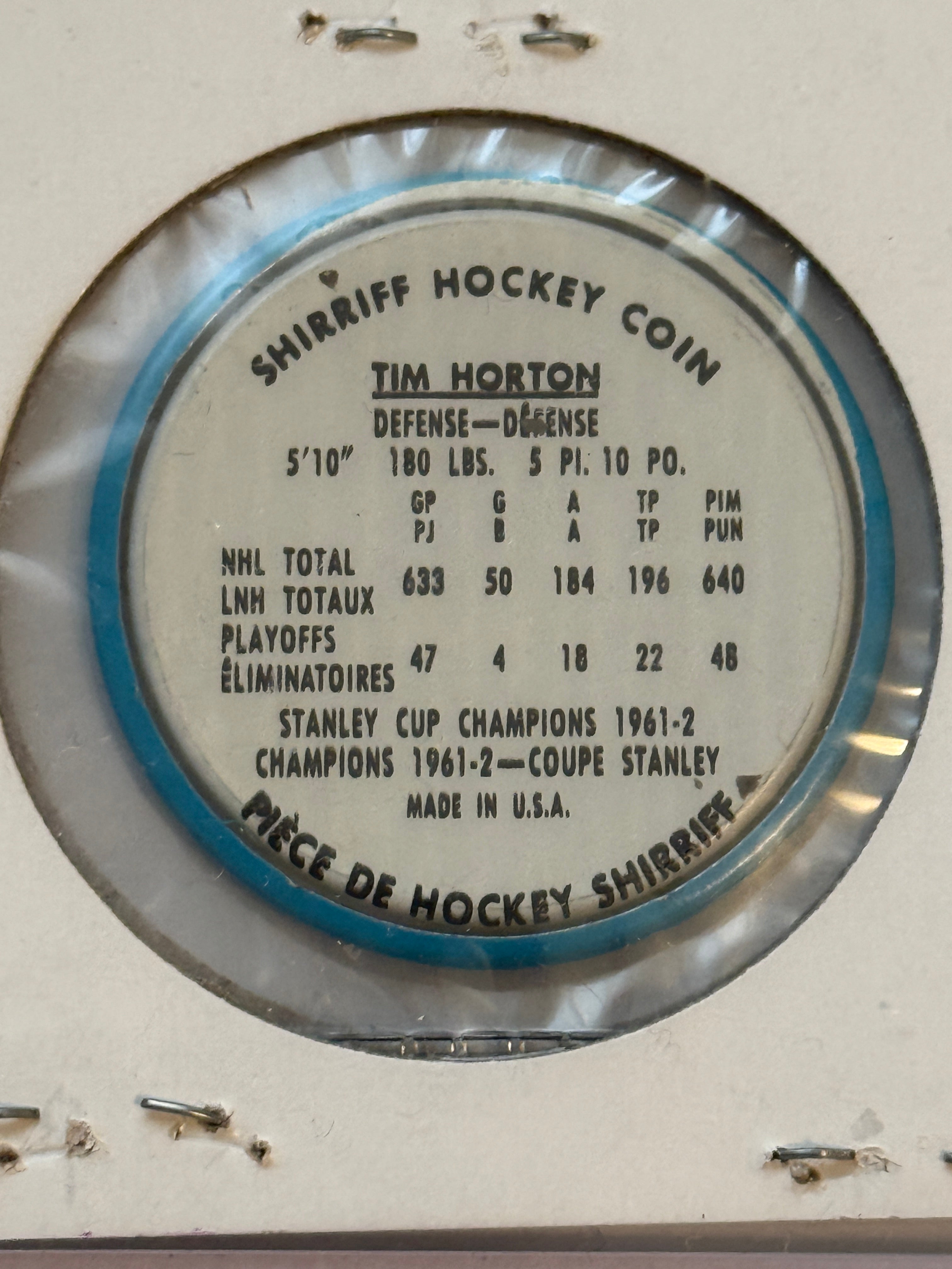 1962-63 Tim Horton high grade condition Sherriff metal hockey coin