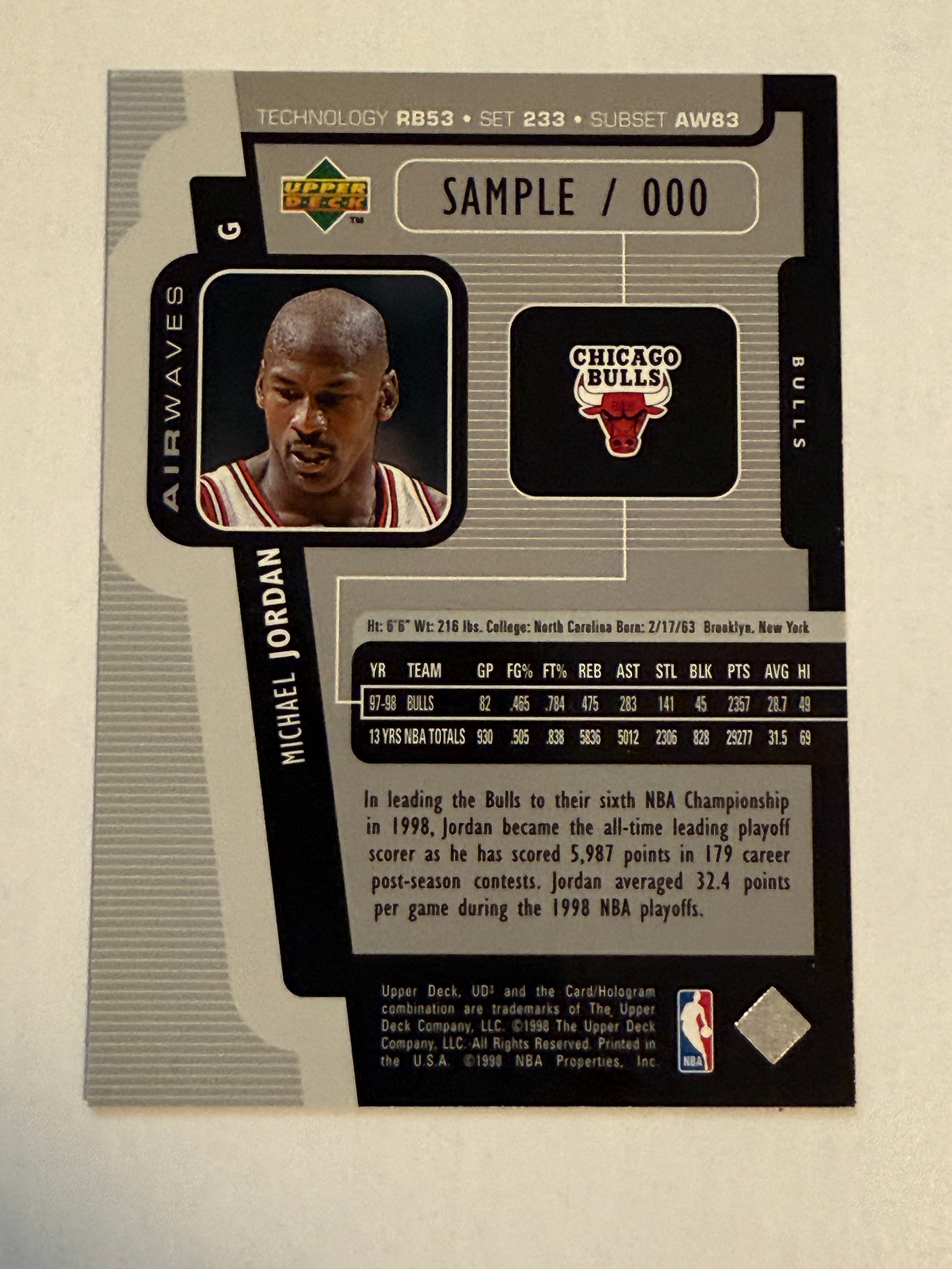 Michael Jordan Upper Deck, UD3 rare sample promo basketball card 1998
