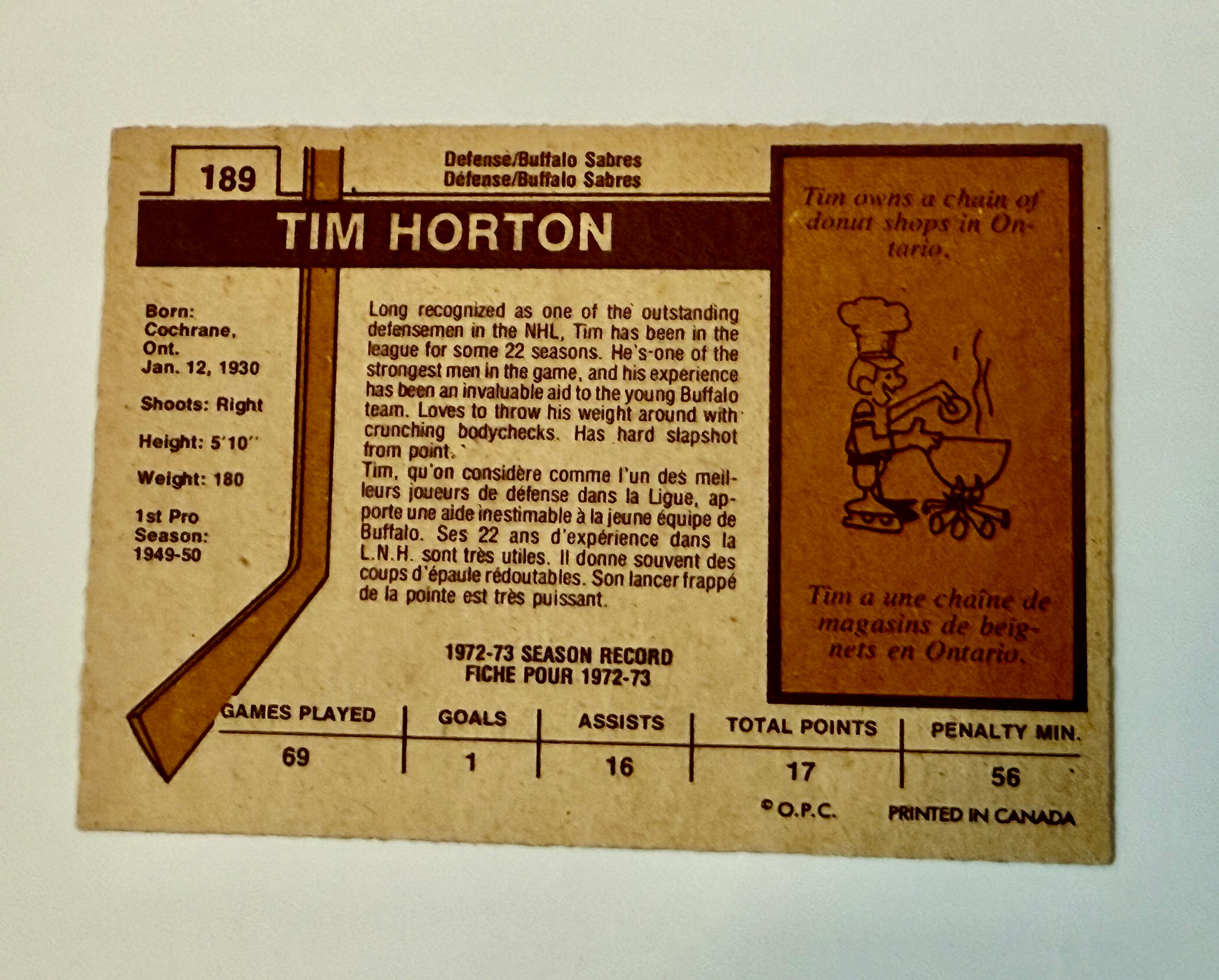 Tim Horton hockey legend Opc high grade great condition Hockey card 1973-74
