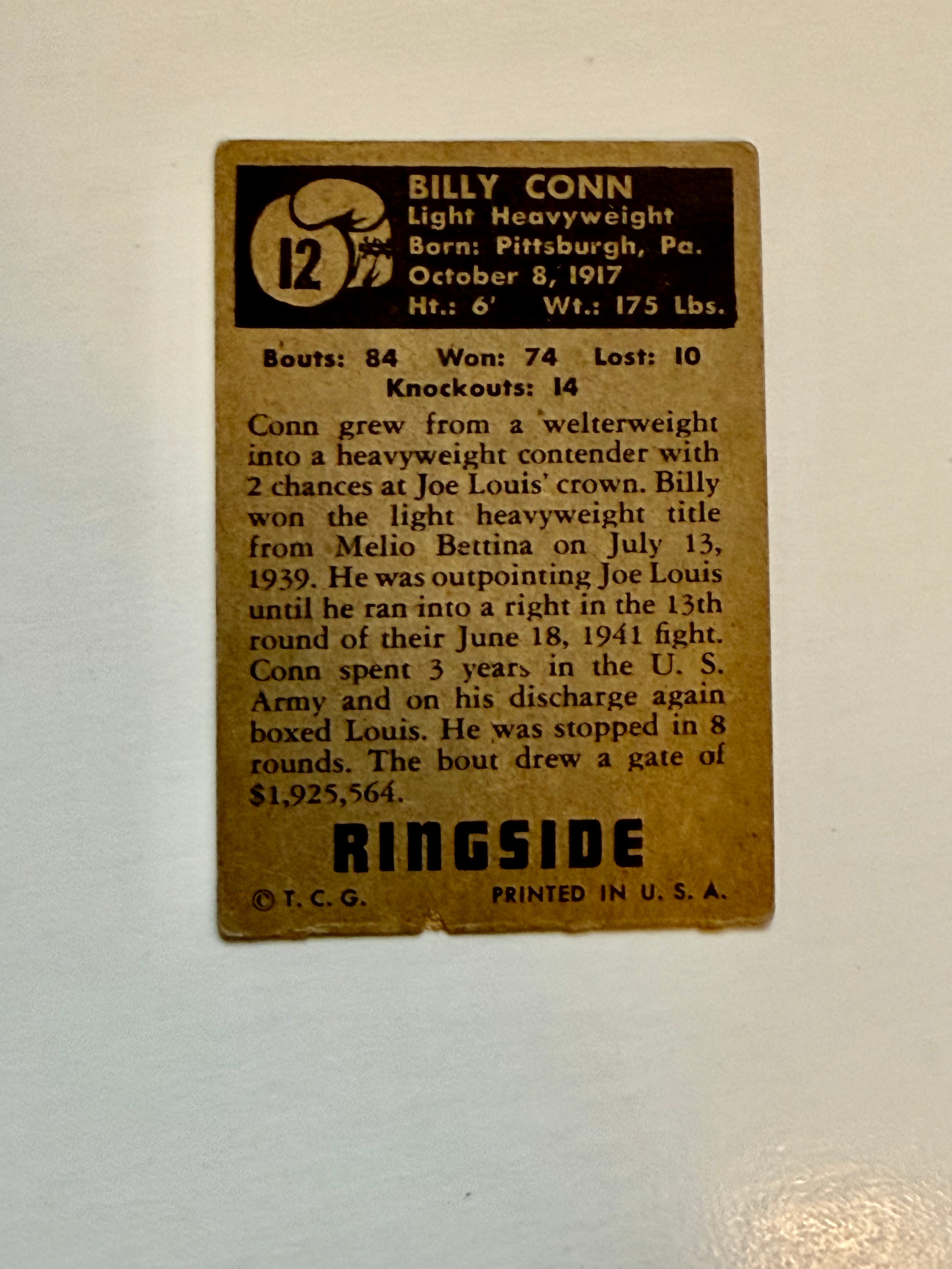 Billy Conn rare Ringside boxing card 1951
