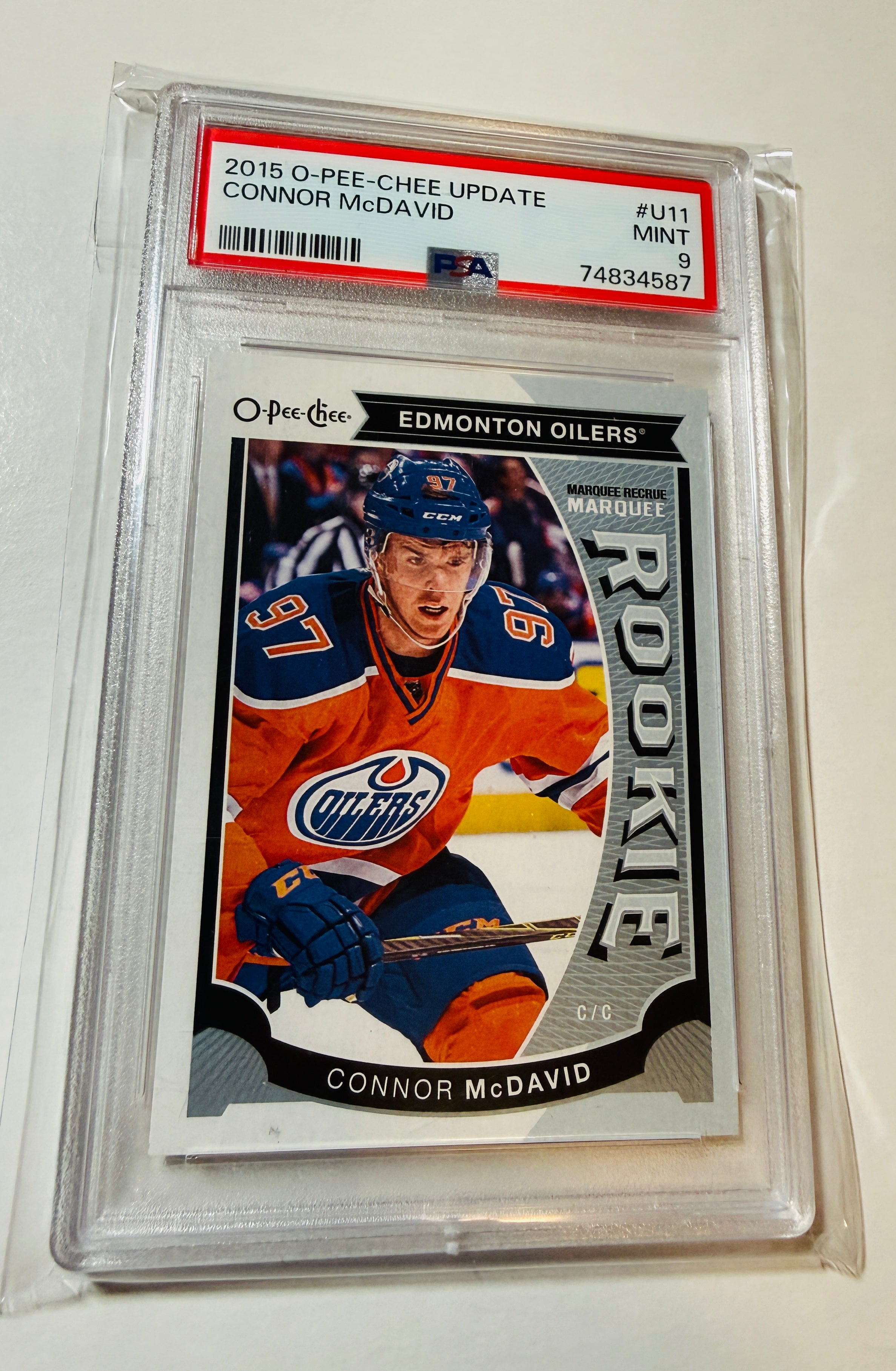 Connor McDavid O-pee-chee PSA 9 graded rookie hockey card 2015 Connor McDavid O-pee-chee PSA 9 graded rookie hockey card 2015
