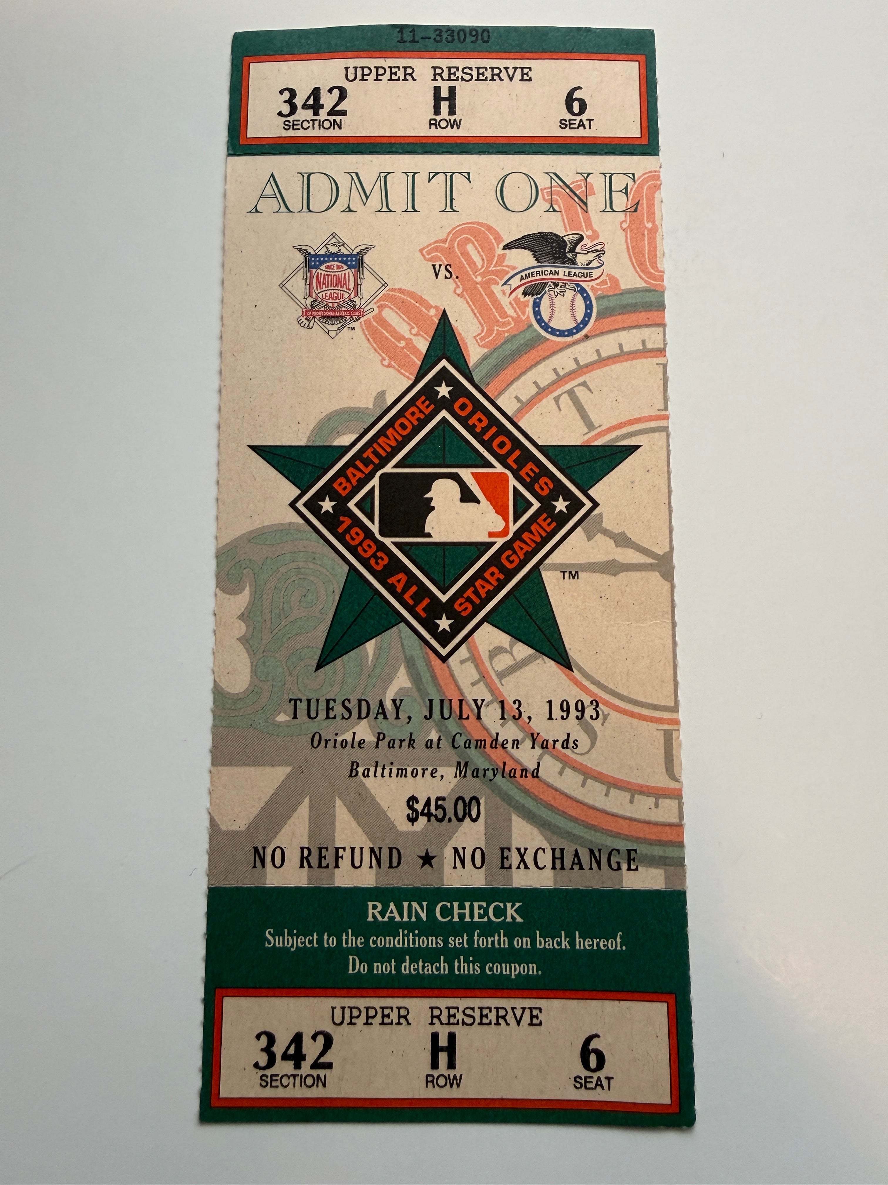 Baltimore Orioles rare vintage All-Star baseball game ticket 1993