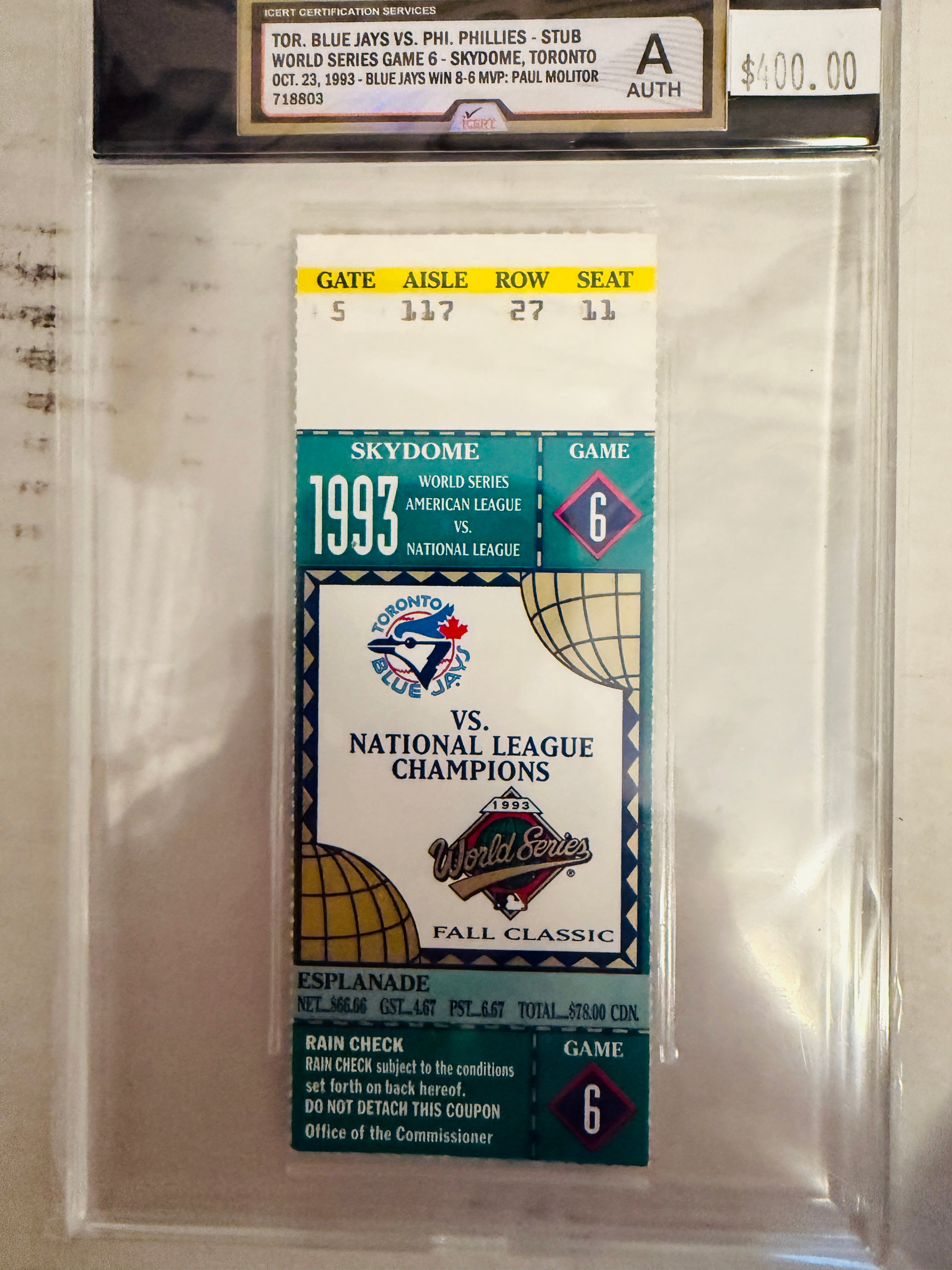 Toronto Blue Jays World Series game six Joe Carter walk off home run win graded ticket 1993