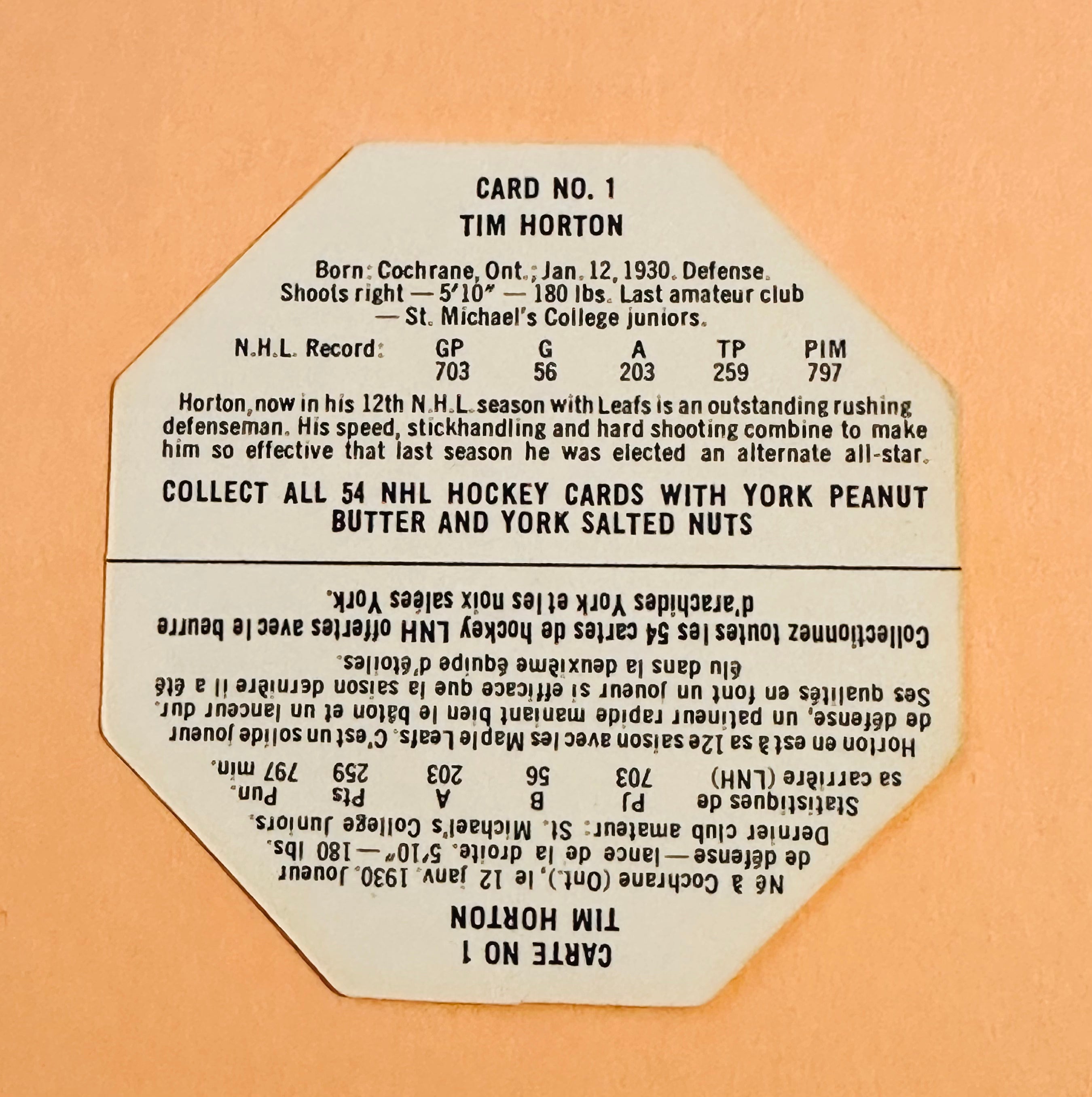 1963 York, peanut butter, Tim Horton high-grade condition card