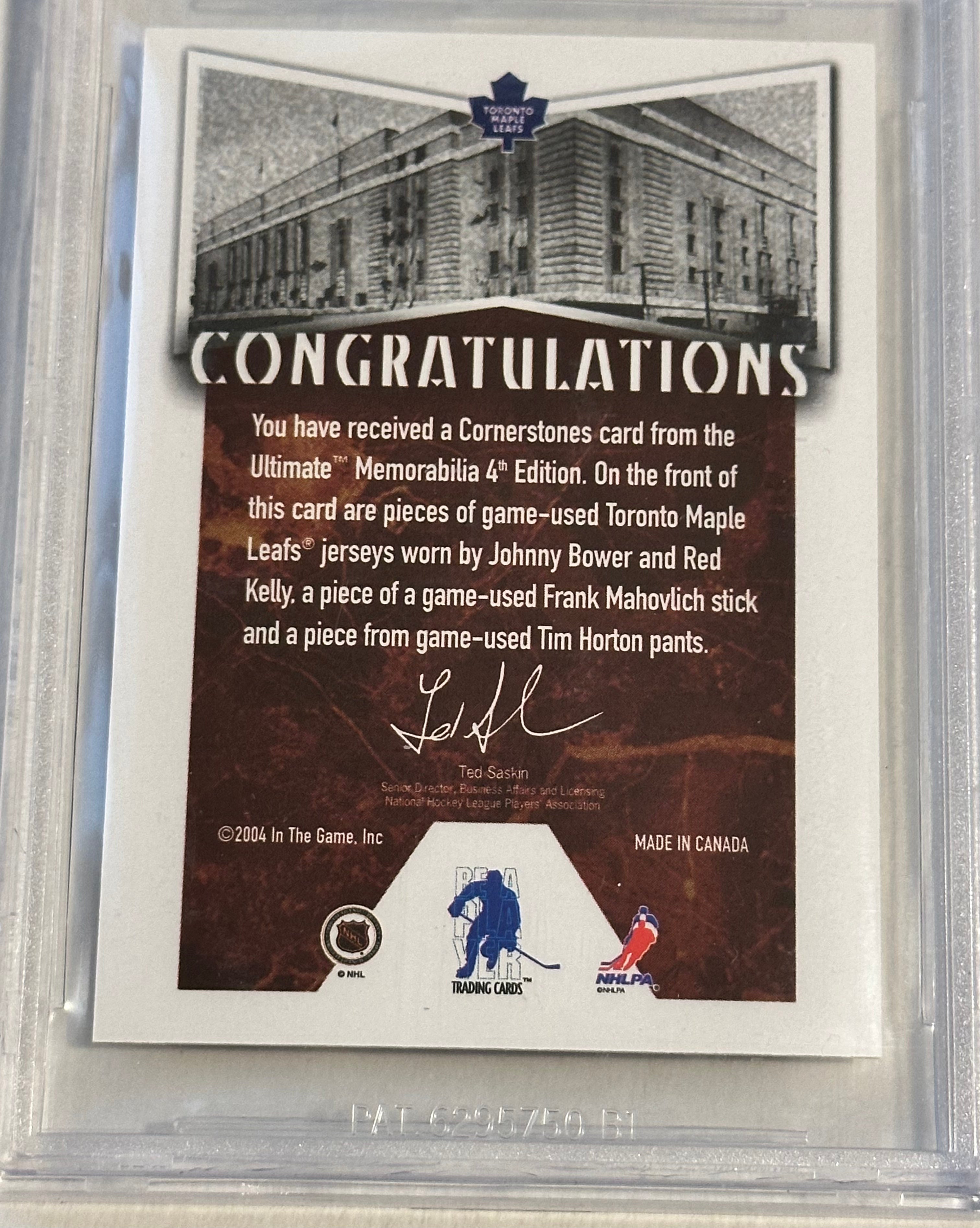 Toronto Maple Leafs hockey legends rare quad memorabilia hockey insert card ; Tim Horton and more…