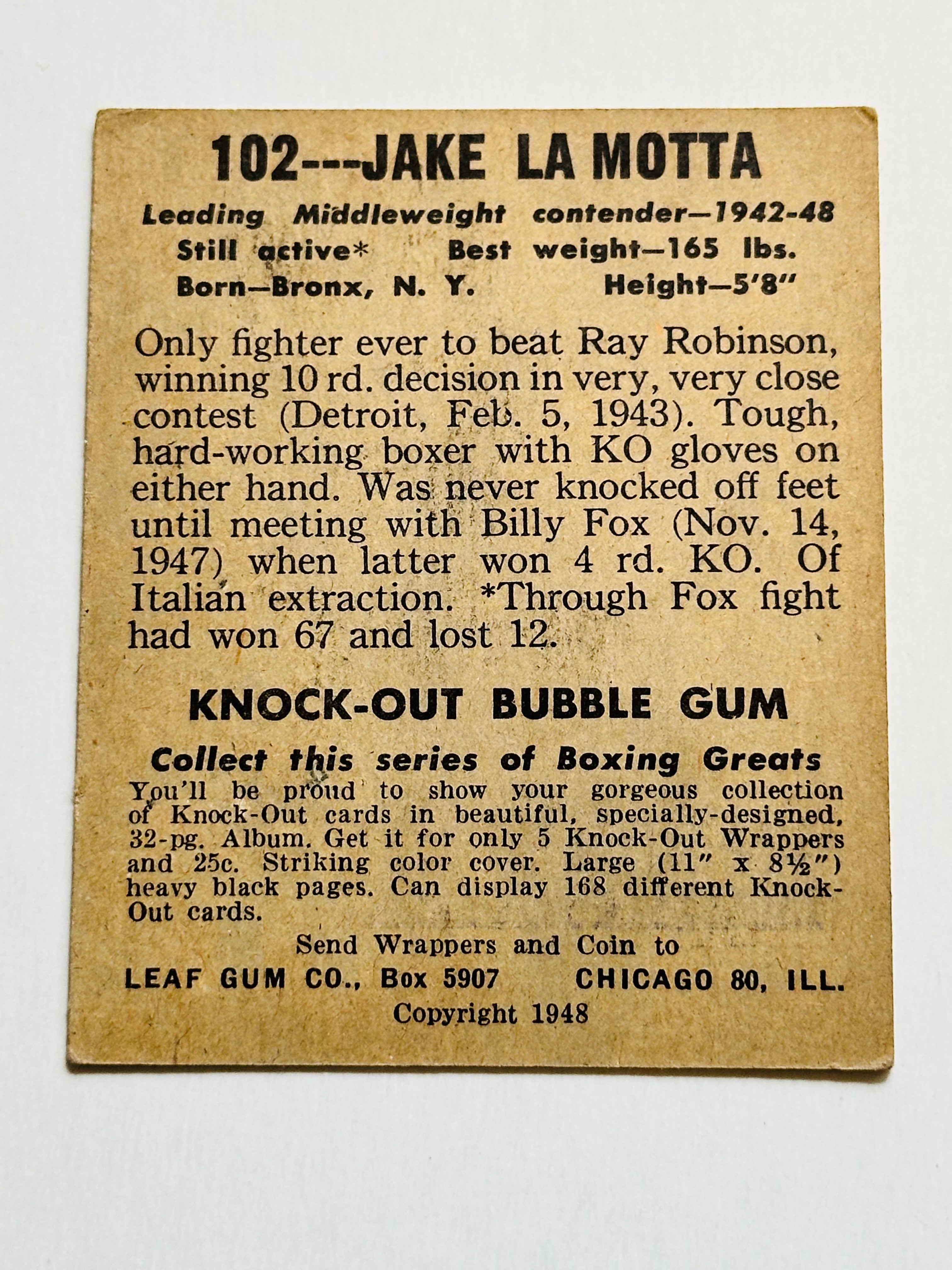 Jake Lamotta rookie high grade condition Leaf Boxing card 1948
