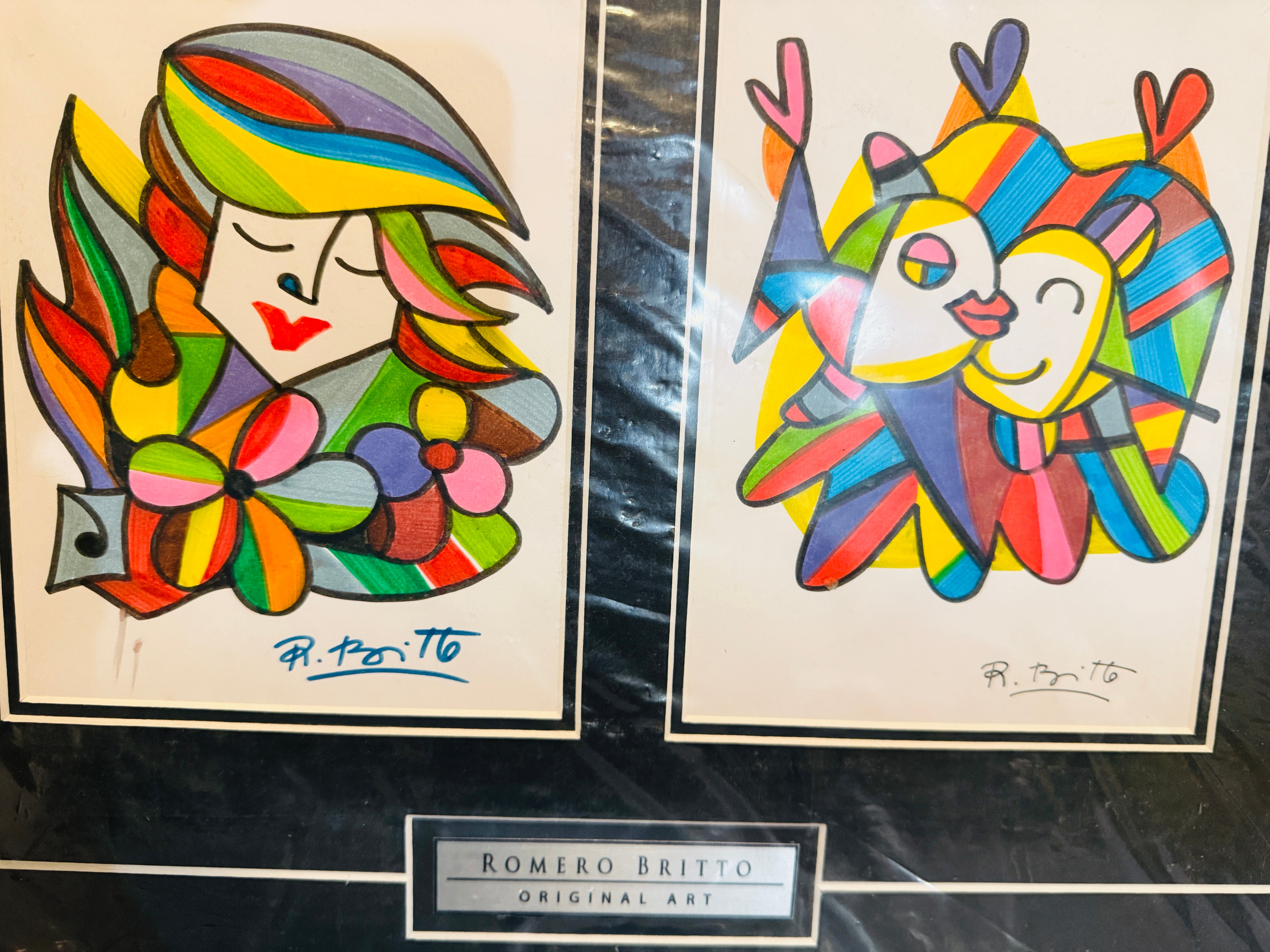 Romero Britto autographed two original matted sketches sold with COA