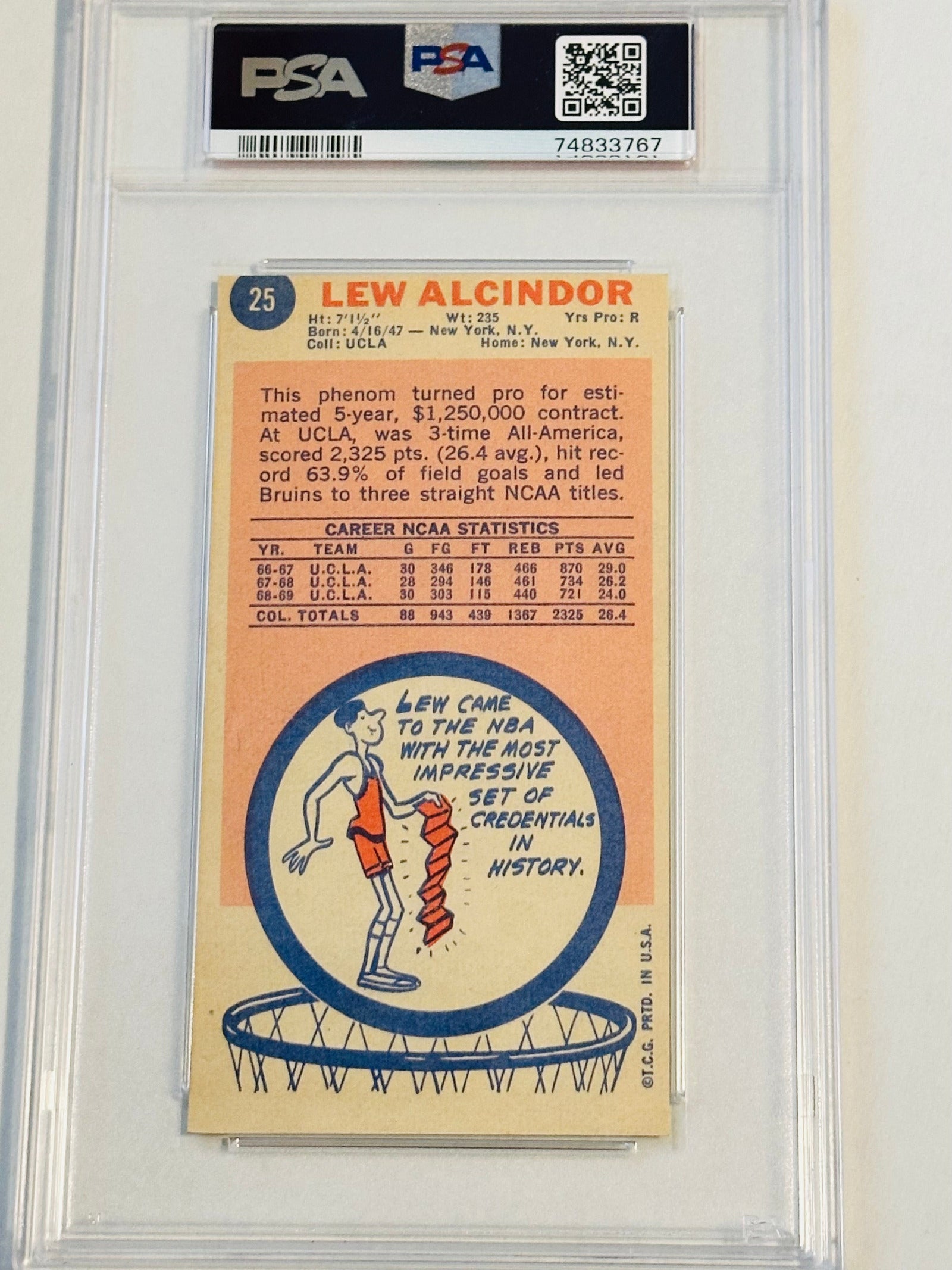 Basketball trading card of Lew Alcindor with PSA grading label