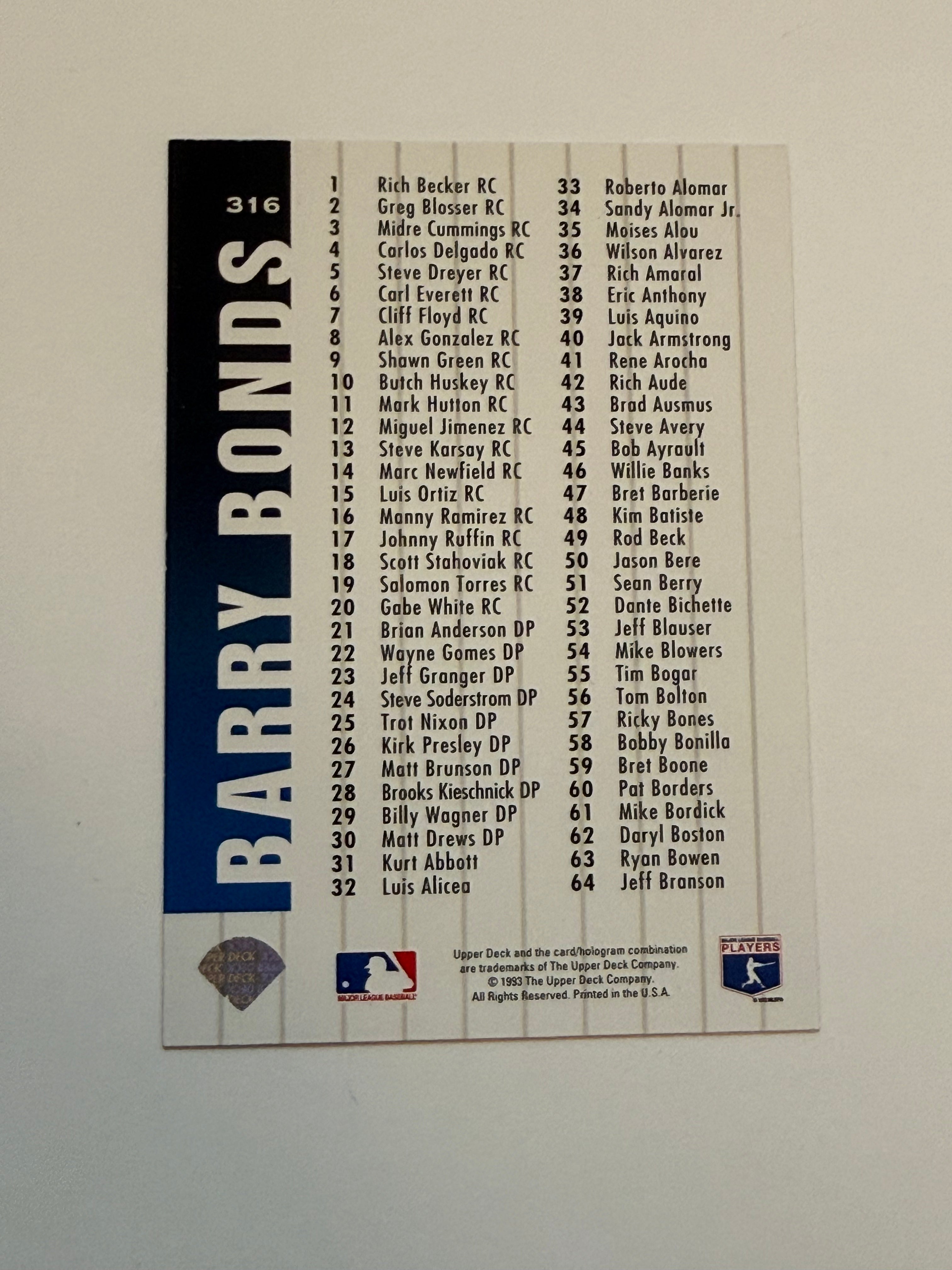 Barry Bonds autographed baseball card with COA