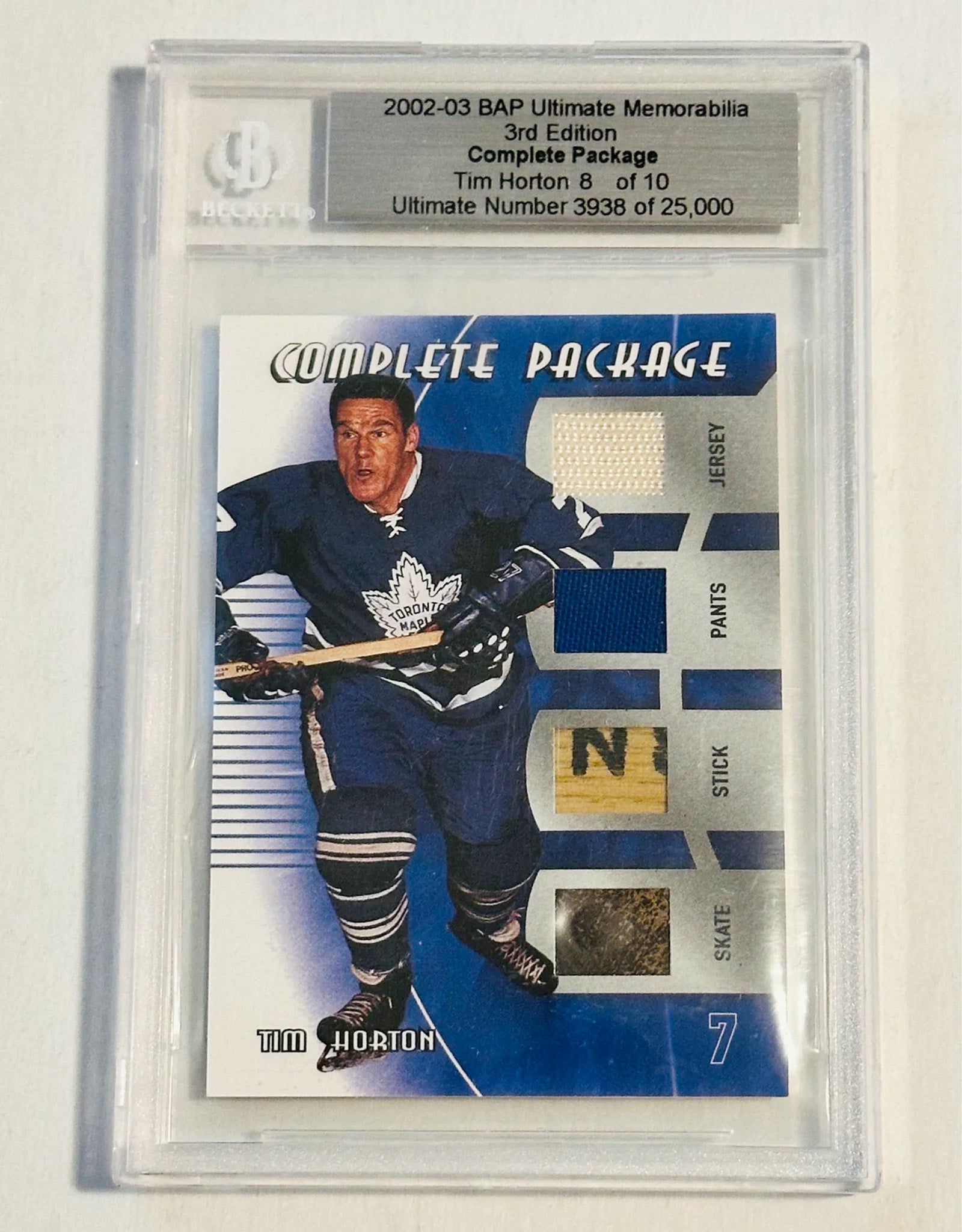Hockey trading card featuring Tim Horton with a complete package label on a white background
