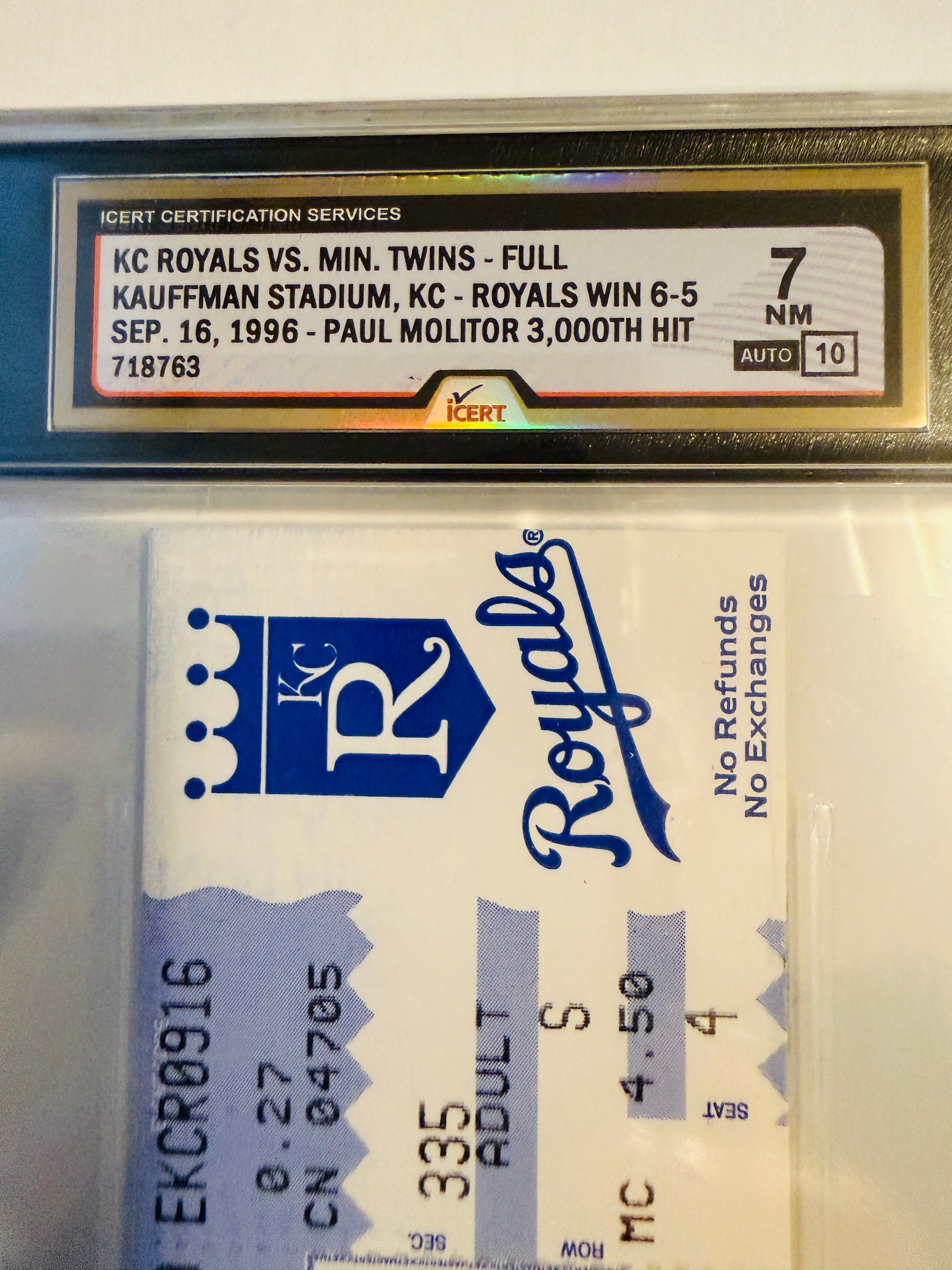 Paul Molitor rare graded and certified autographed 3000 hits game used ticket sept. 16, 1996