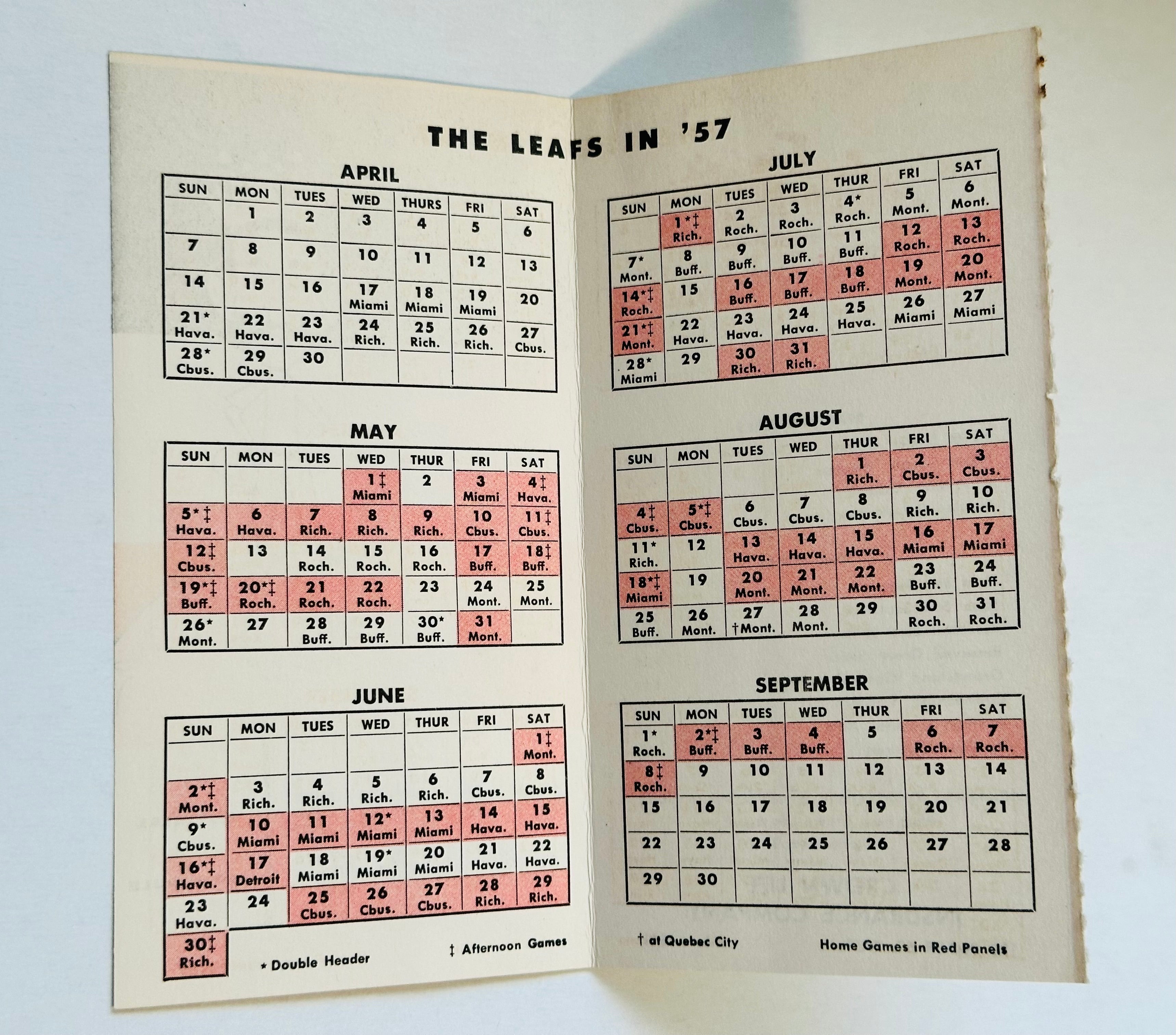 Toronto Maple Leafs baseball rare schedule 1957