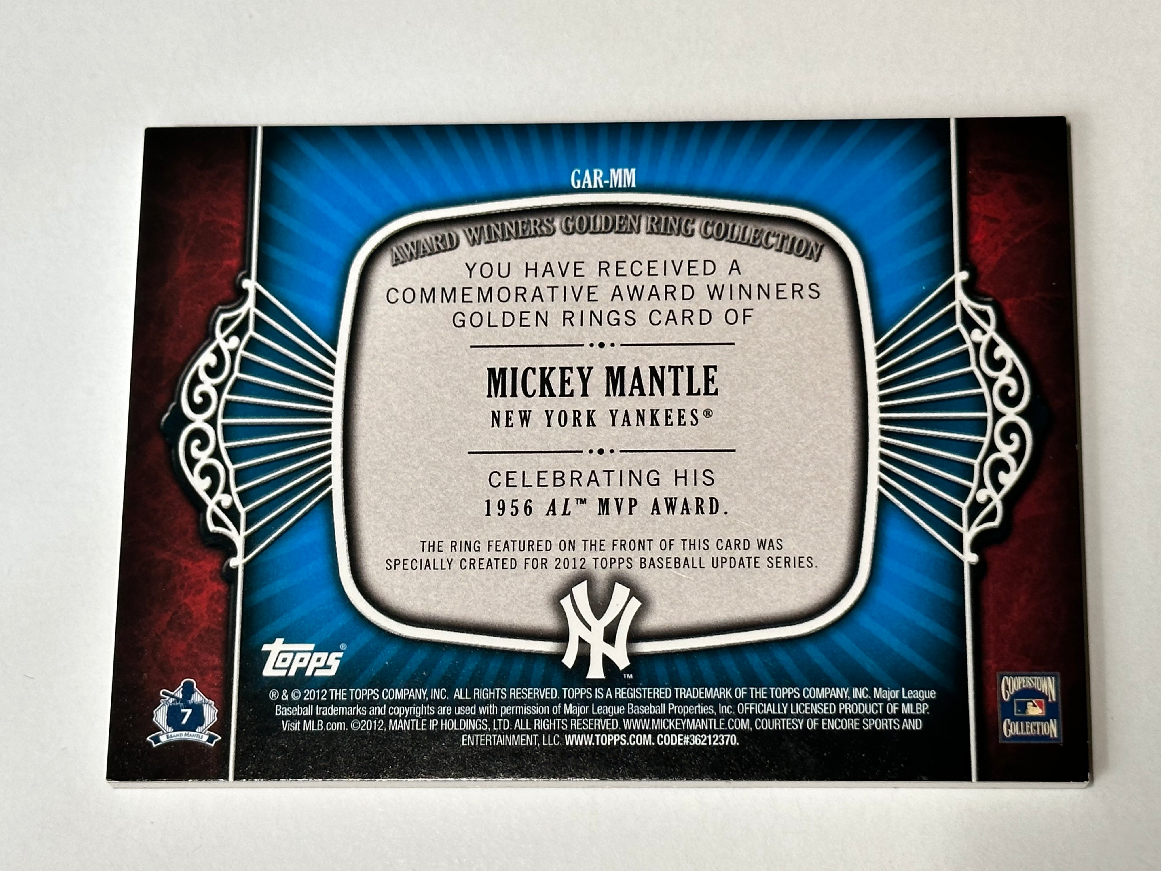 Mickey Mantle Topps baseball commerative ring insert card 2012