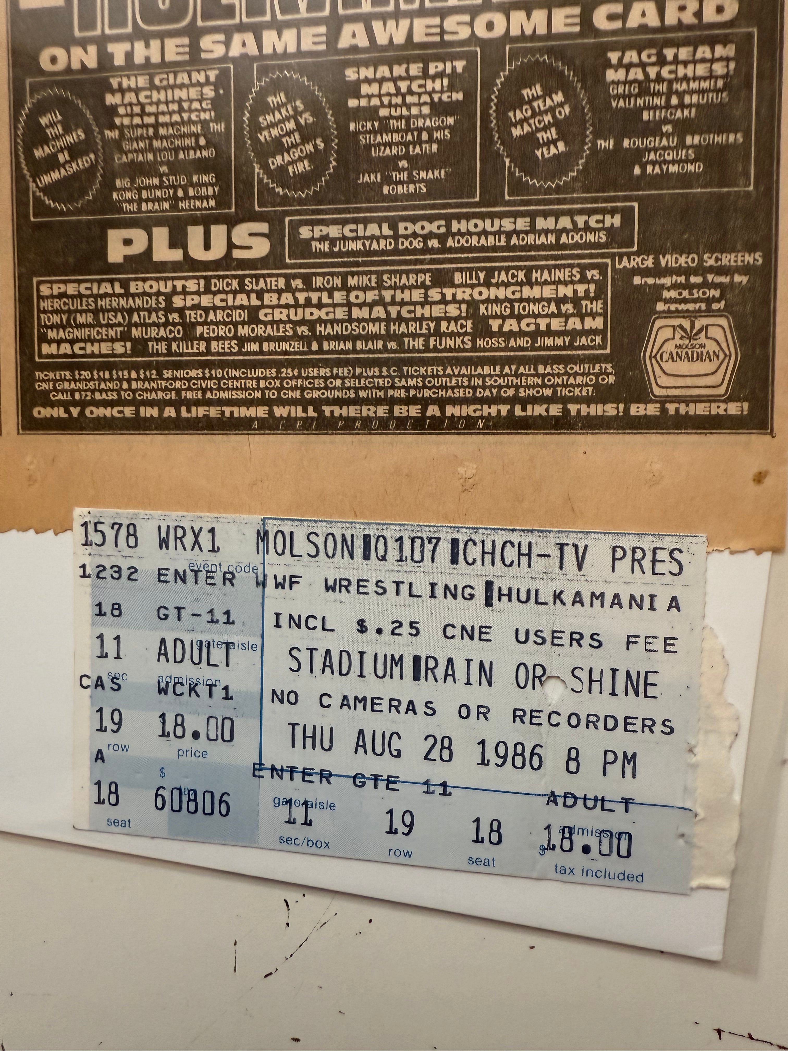 Wrestling event, rare vintage clipping and original ticket 1986