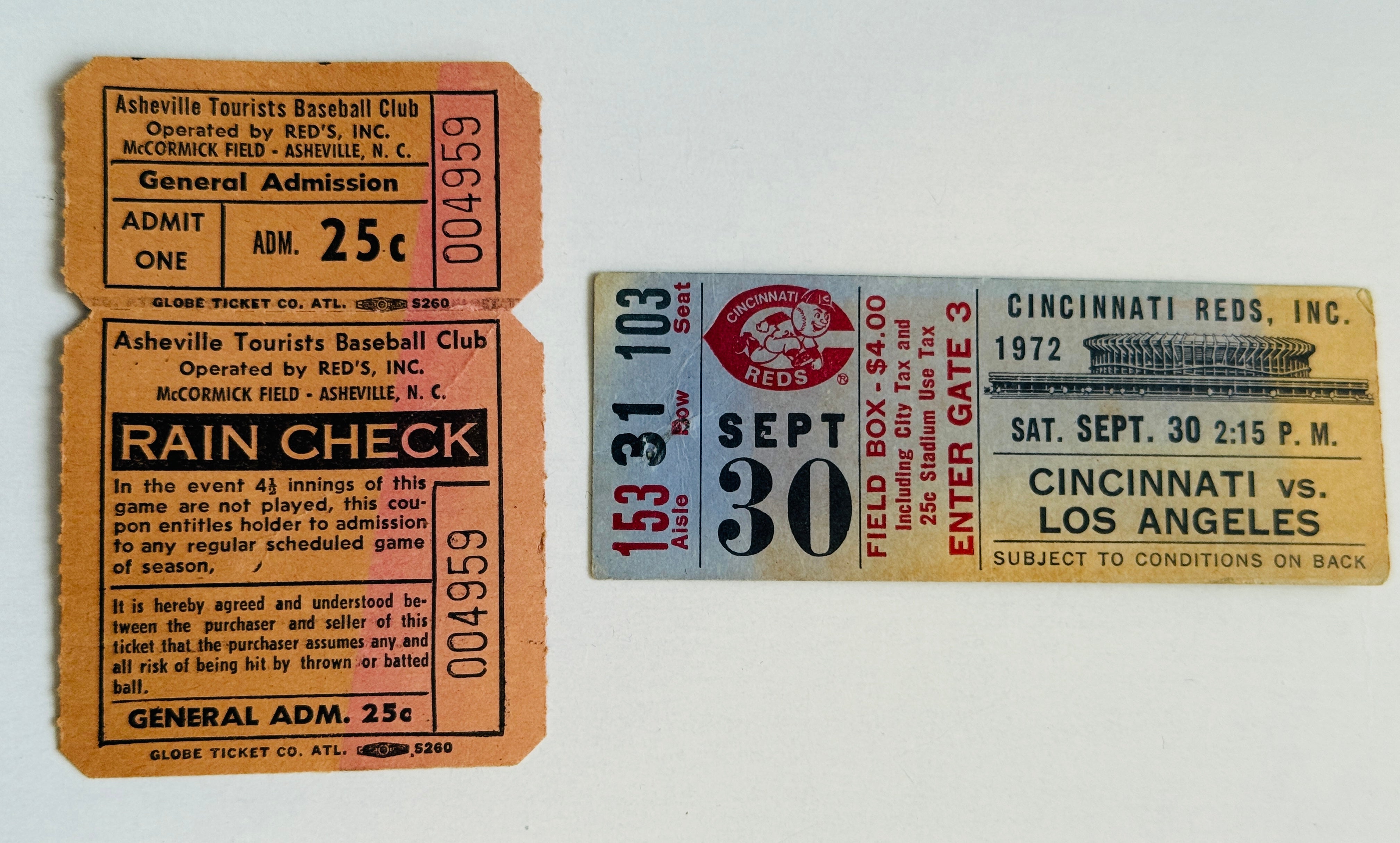 Rare baseball ticket from 1970. Cincinnati Reds versus LA Dodgers plus rain check ticket.
