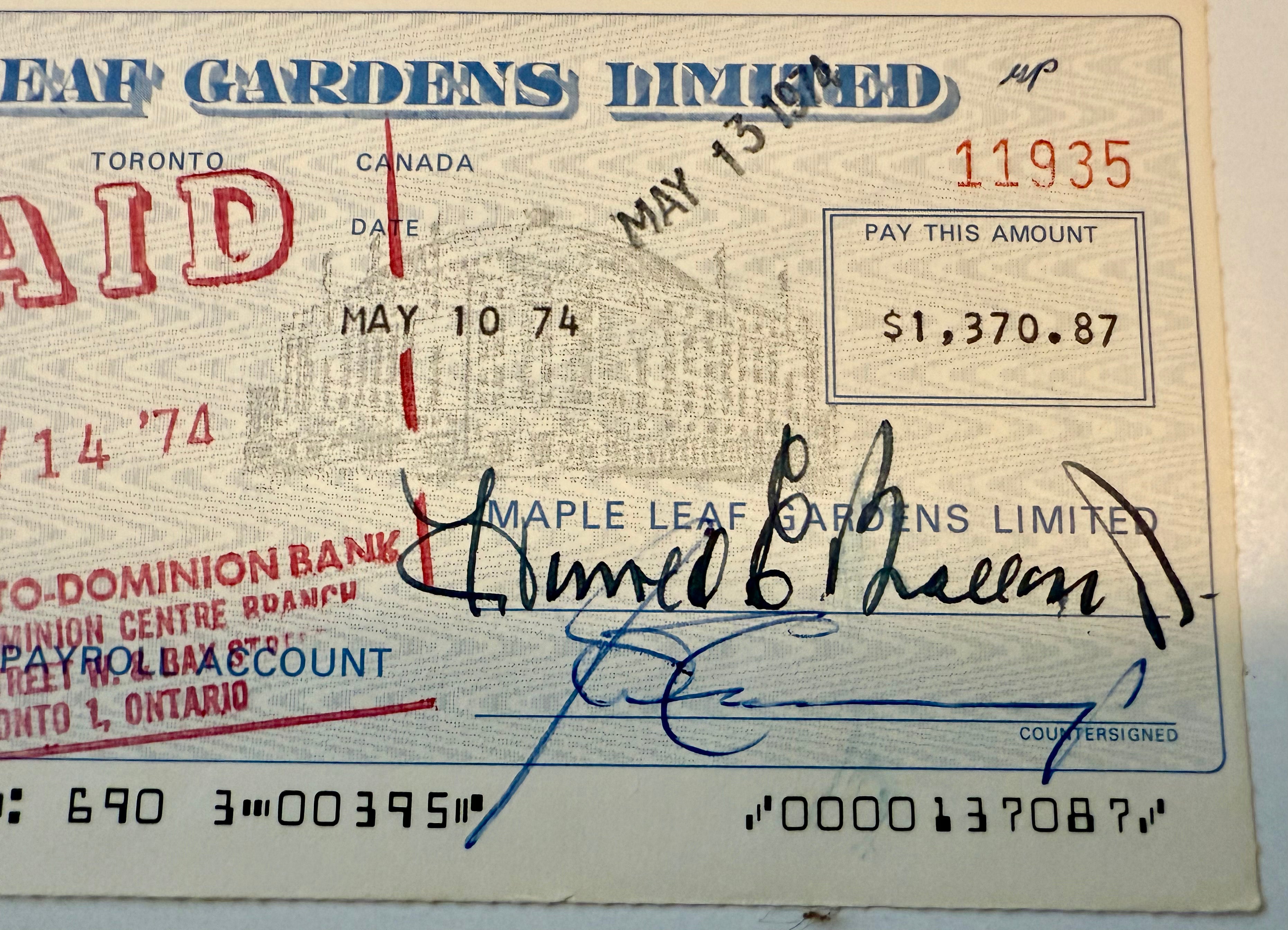 Toronto Maple Leafs Harold Ballard rare signed check 1974. Sold with COA