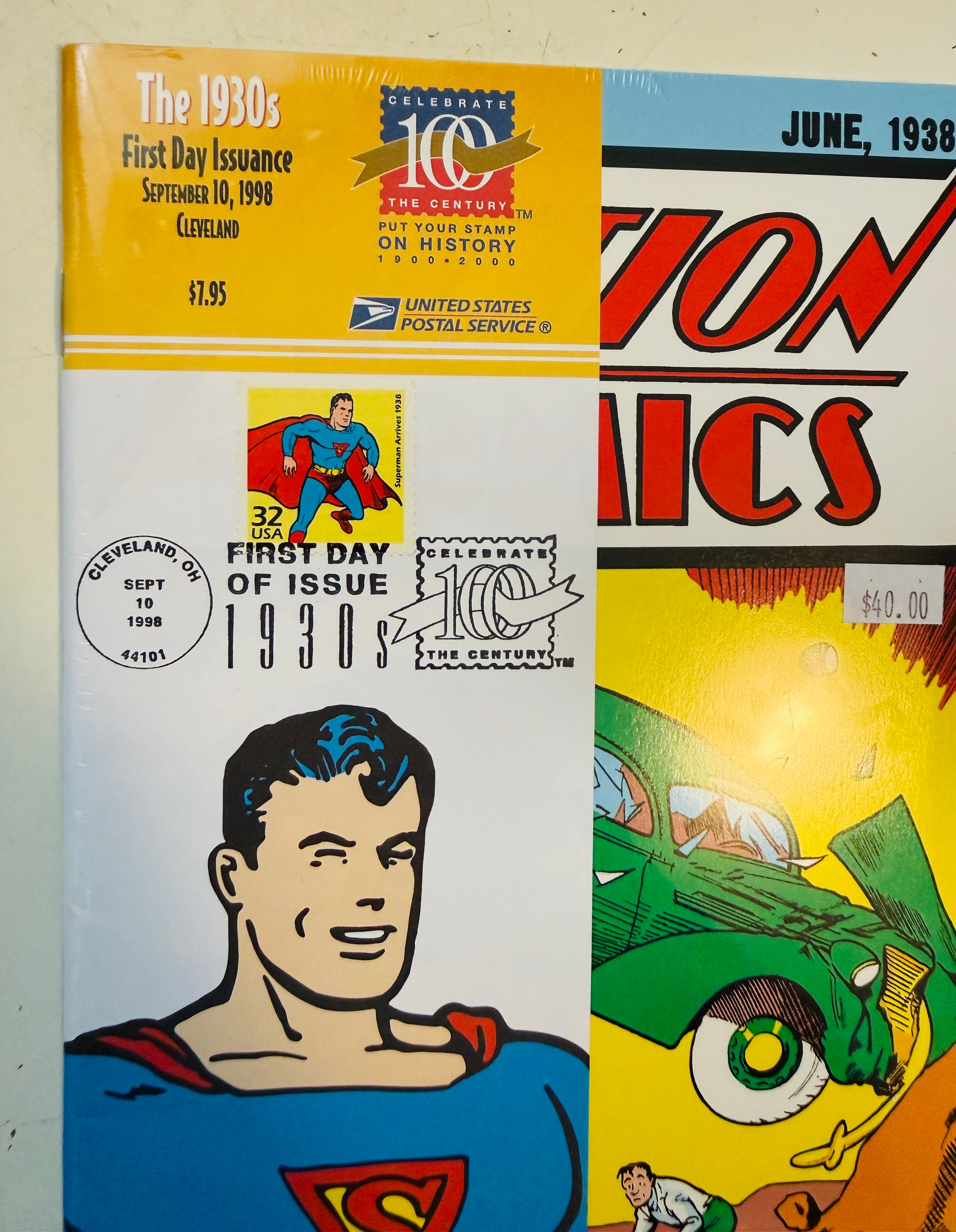 Superman action comics first issue reprint with first day issued stamp factory sealed 1998