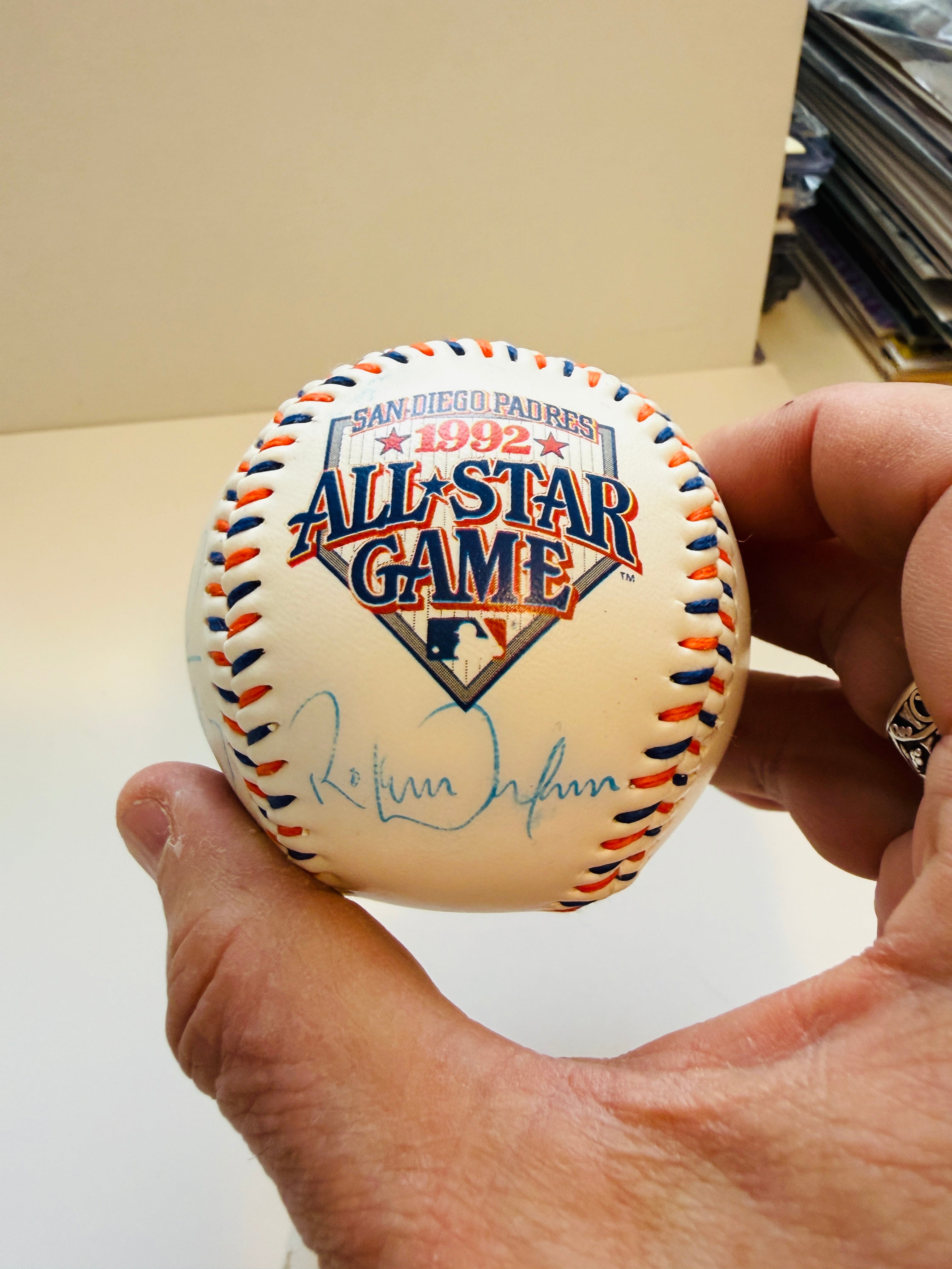 1992 All-Star game sign ball by Joe Carter, Roberto Alamar, and Juan, Guzman in ball cube certified