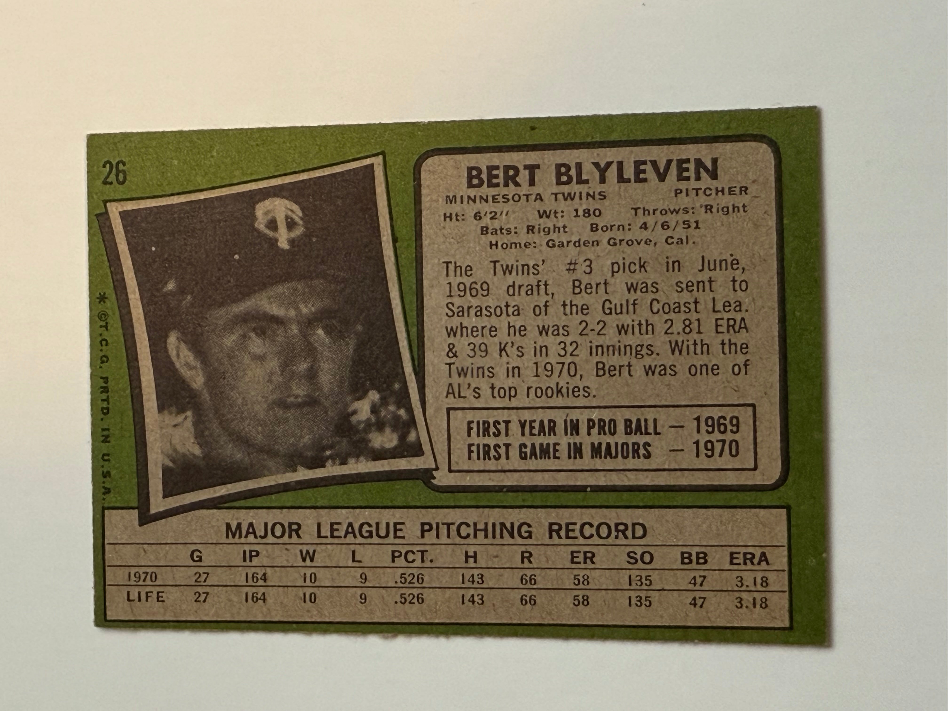 Bert Blyleven Topps rookie high grade condition baseball card 1971