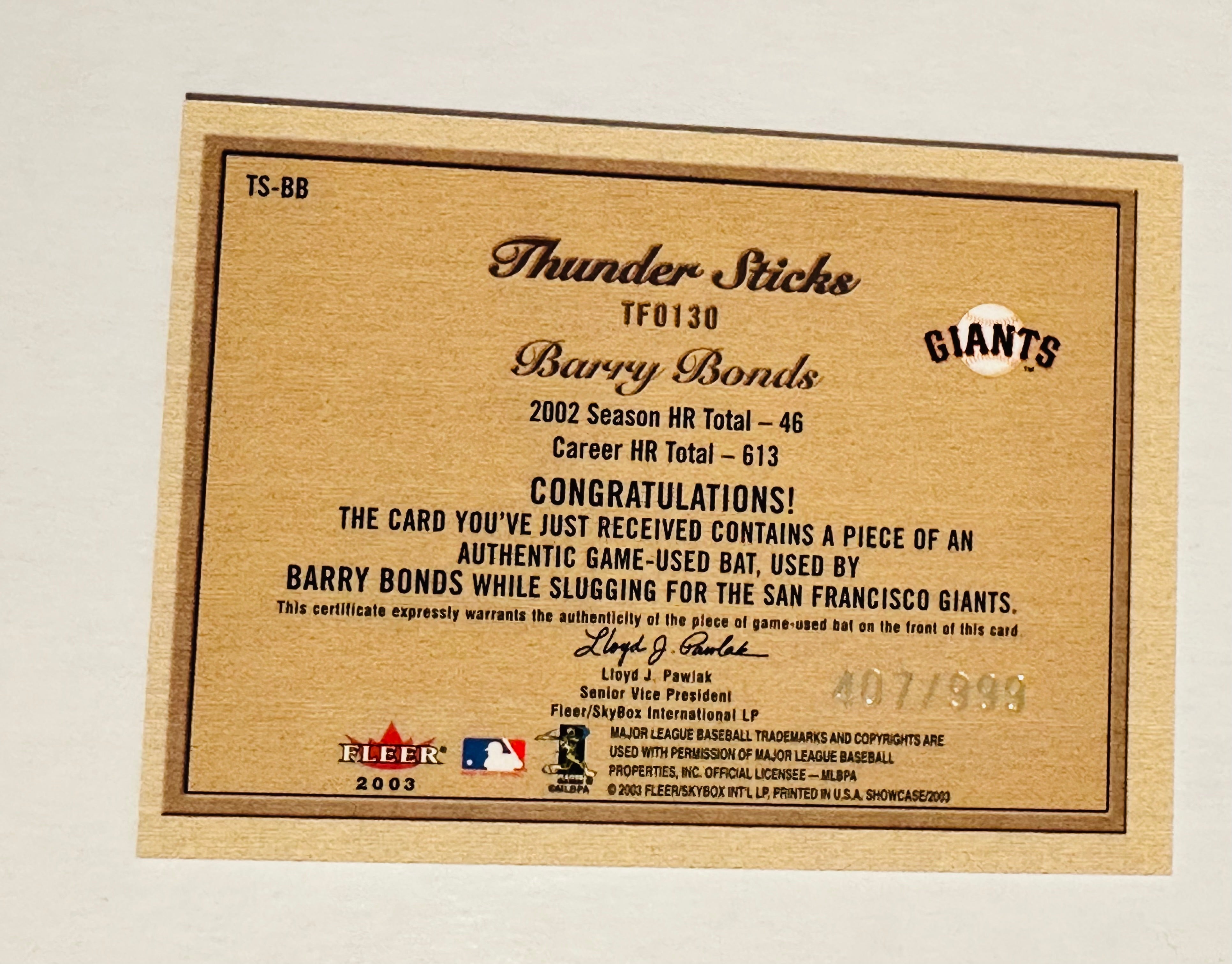 Barry Bonds, rare baseball bat numbered insert card