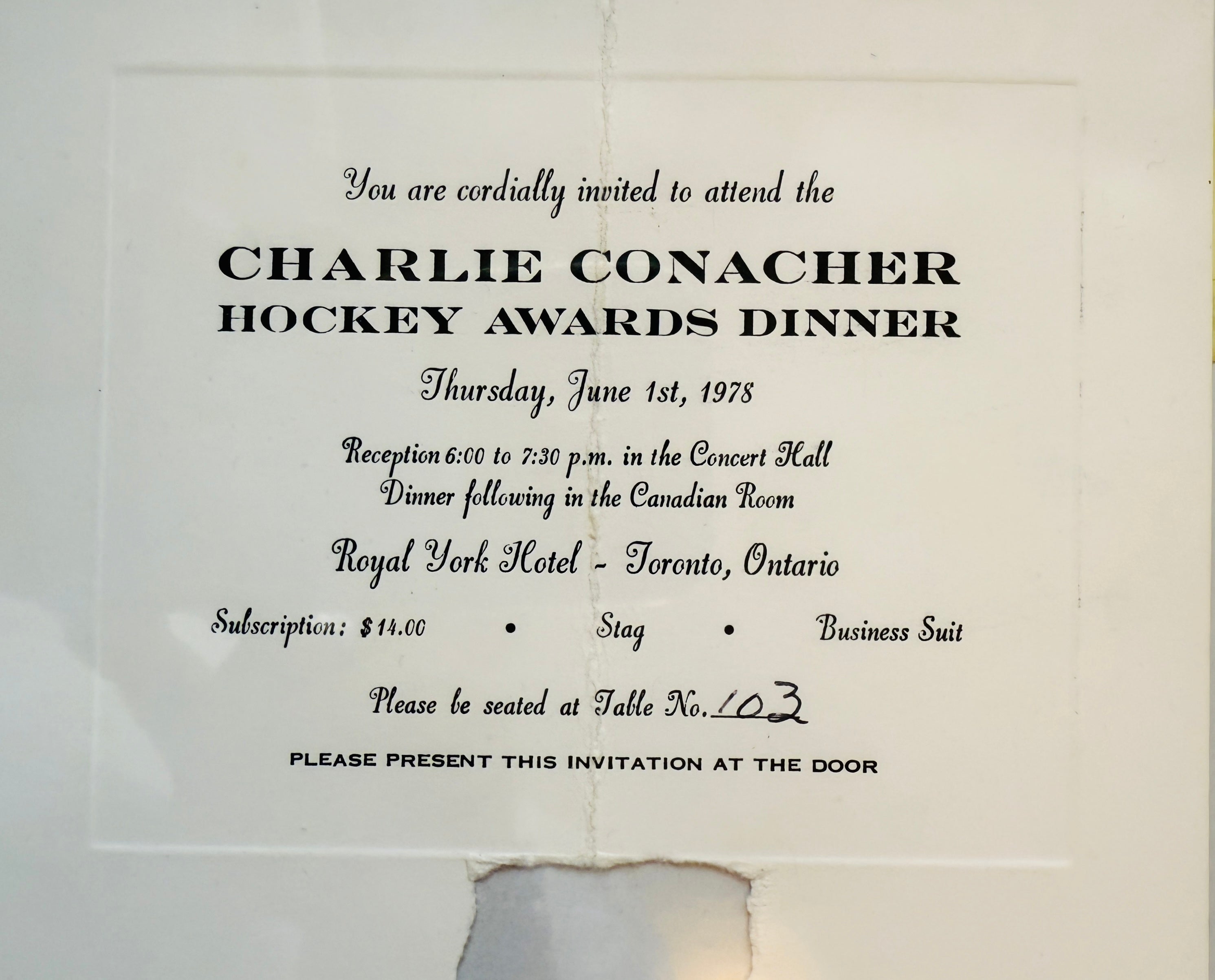Harold Ballard and Punch Imlach rare autographs hockey dinner invitation 1978 with COA
