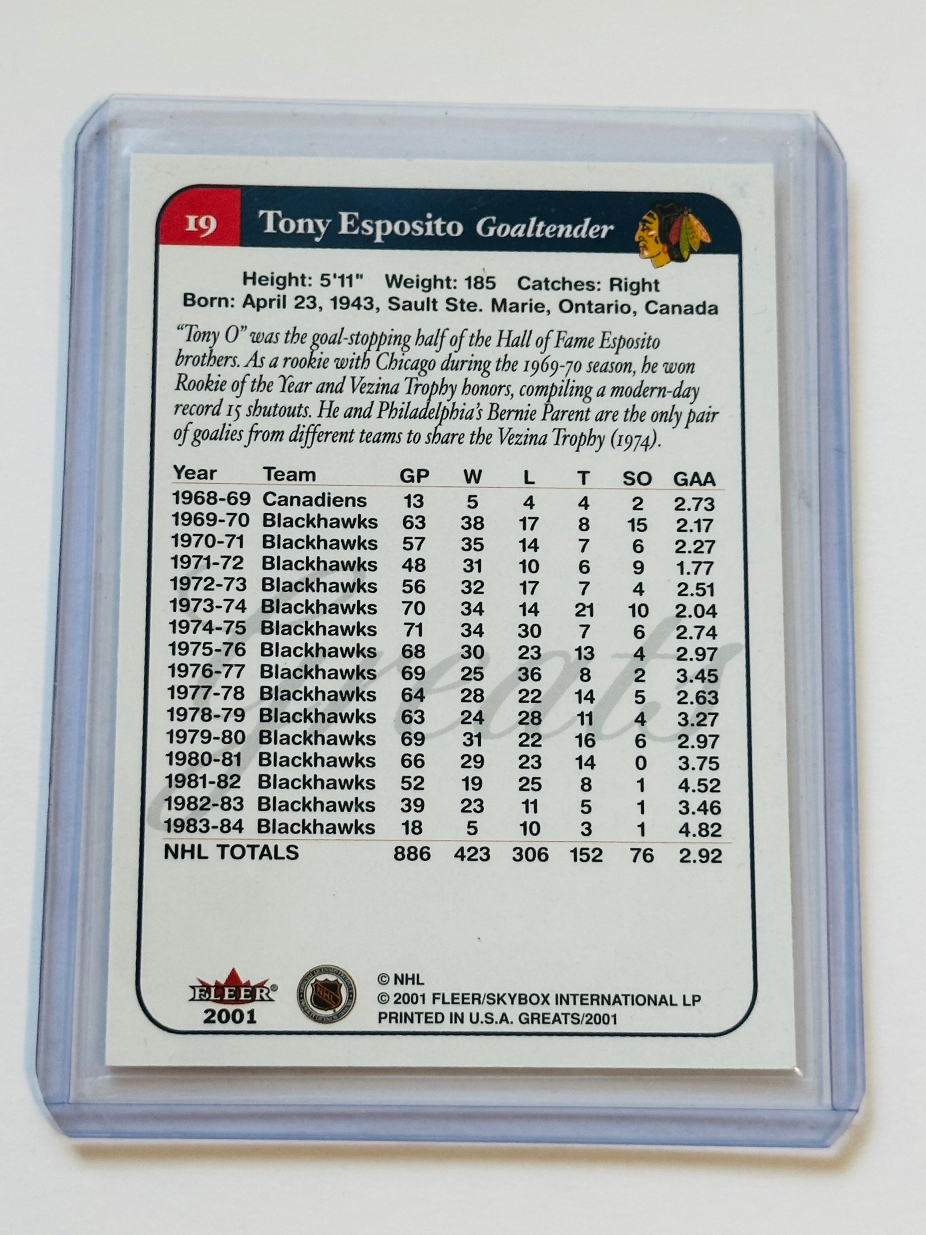 Tony Esposito goalie hockey, legend autograph in person card sold with certificate of authenticity 