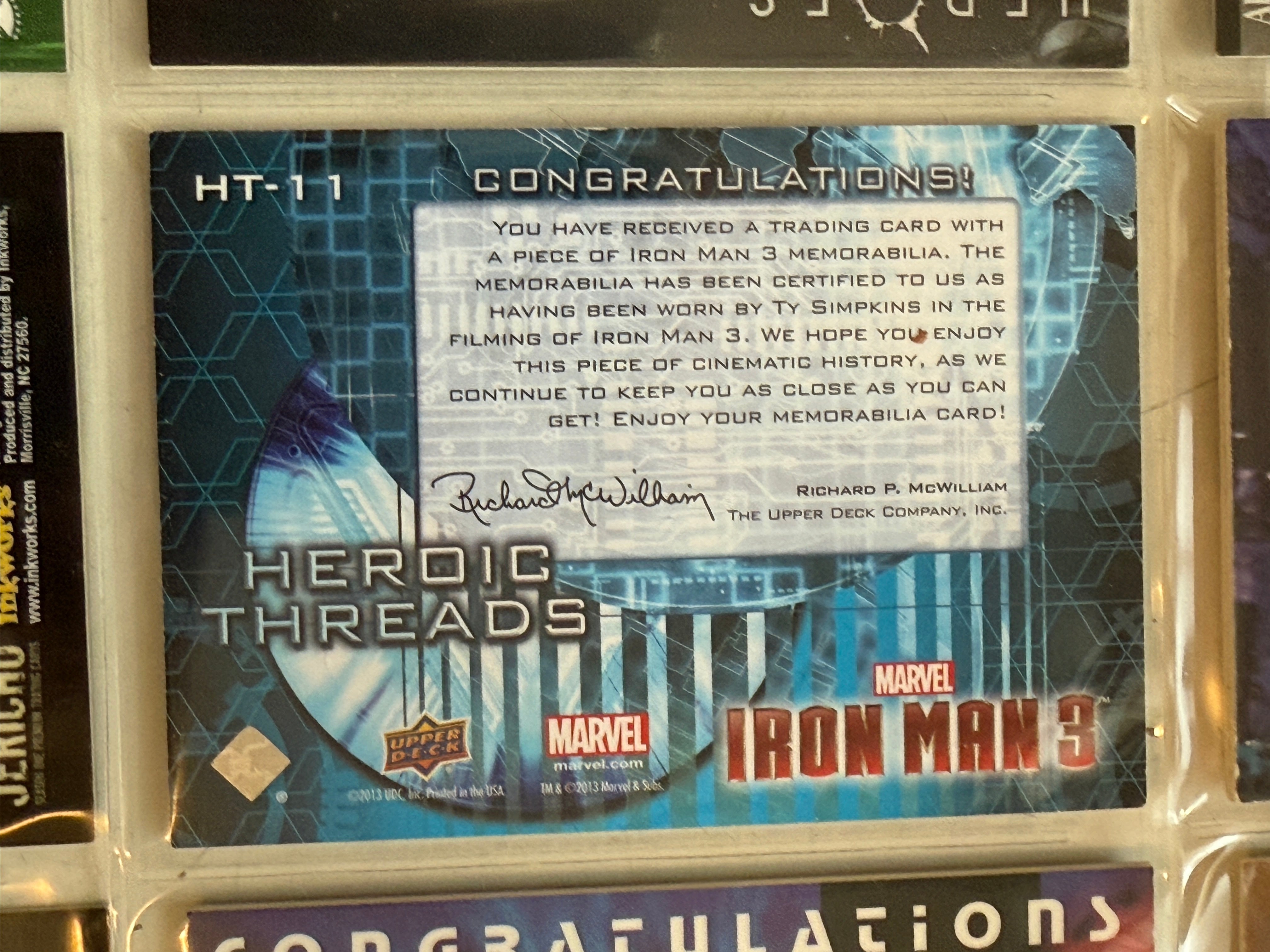 Iron Man 3 rare movie memorabilia insert card autographed by this actor and sold with COA