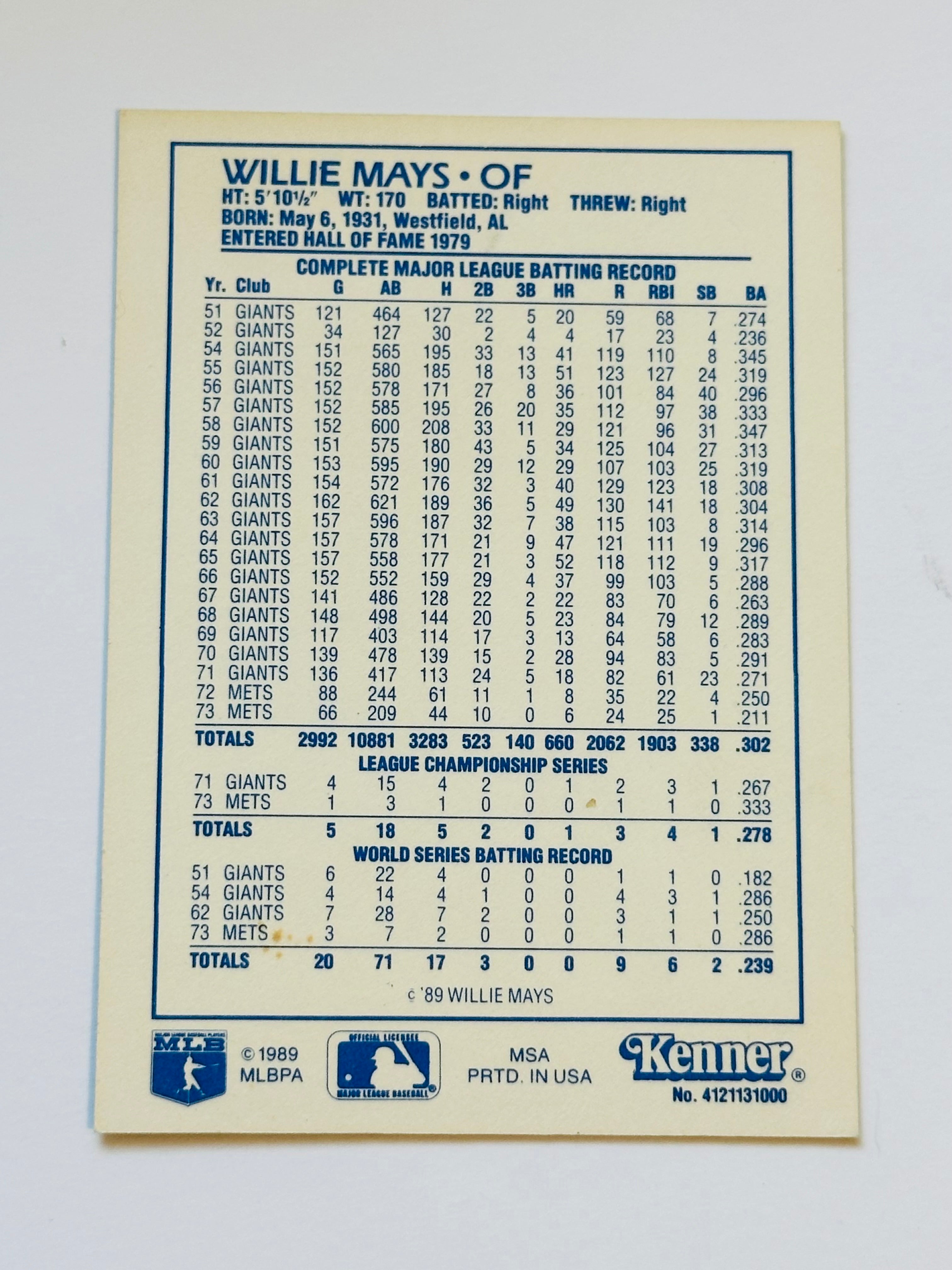 Willie Mays Kenner starting lineup rare insert card 1989