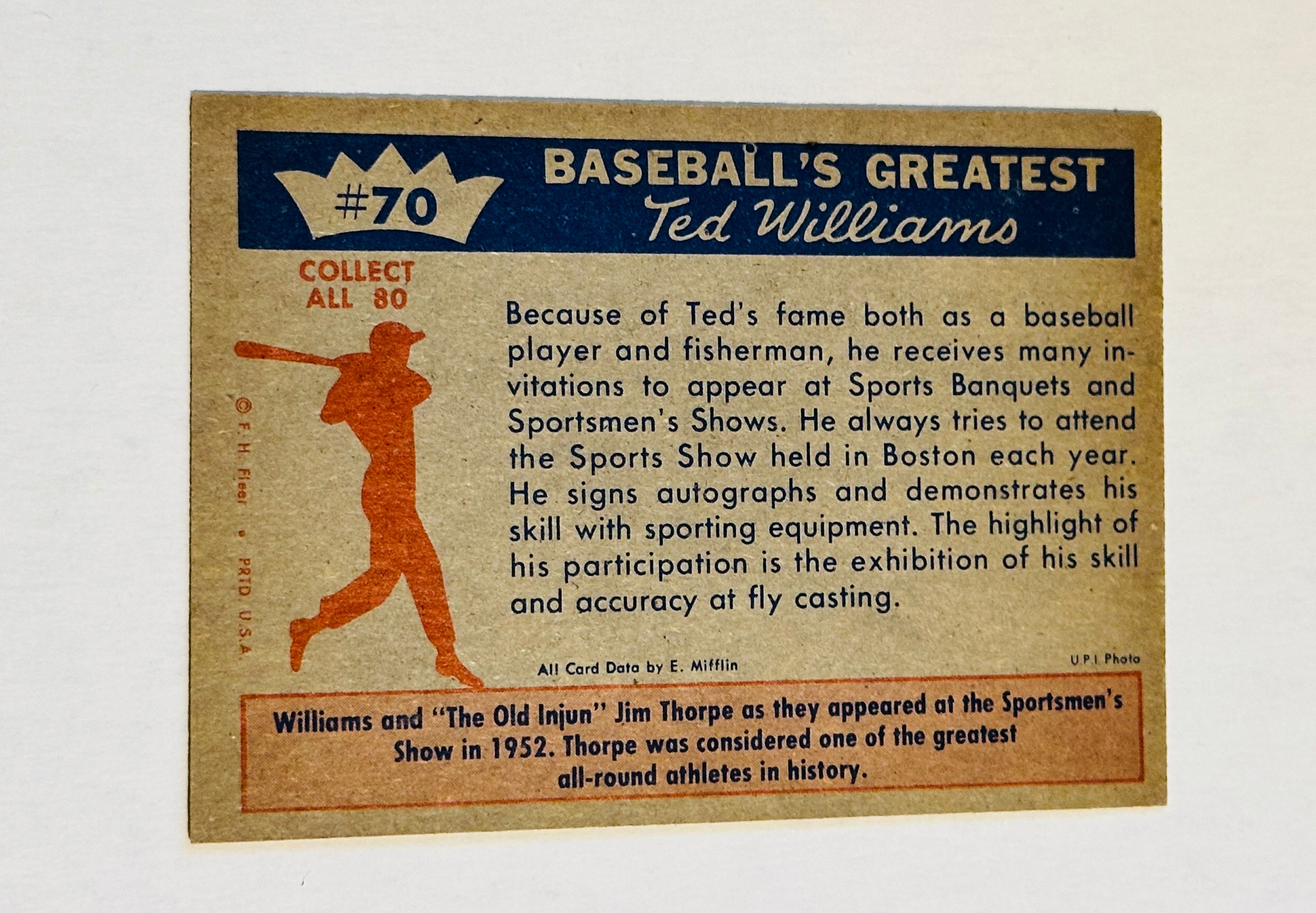 Ted Williams with Jim Thorpe rare Fleer high grade condition baseball card 1959