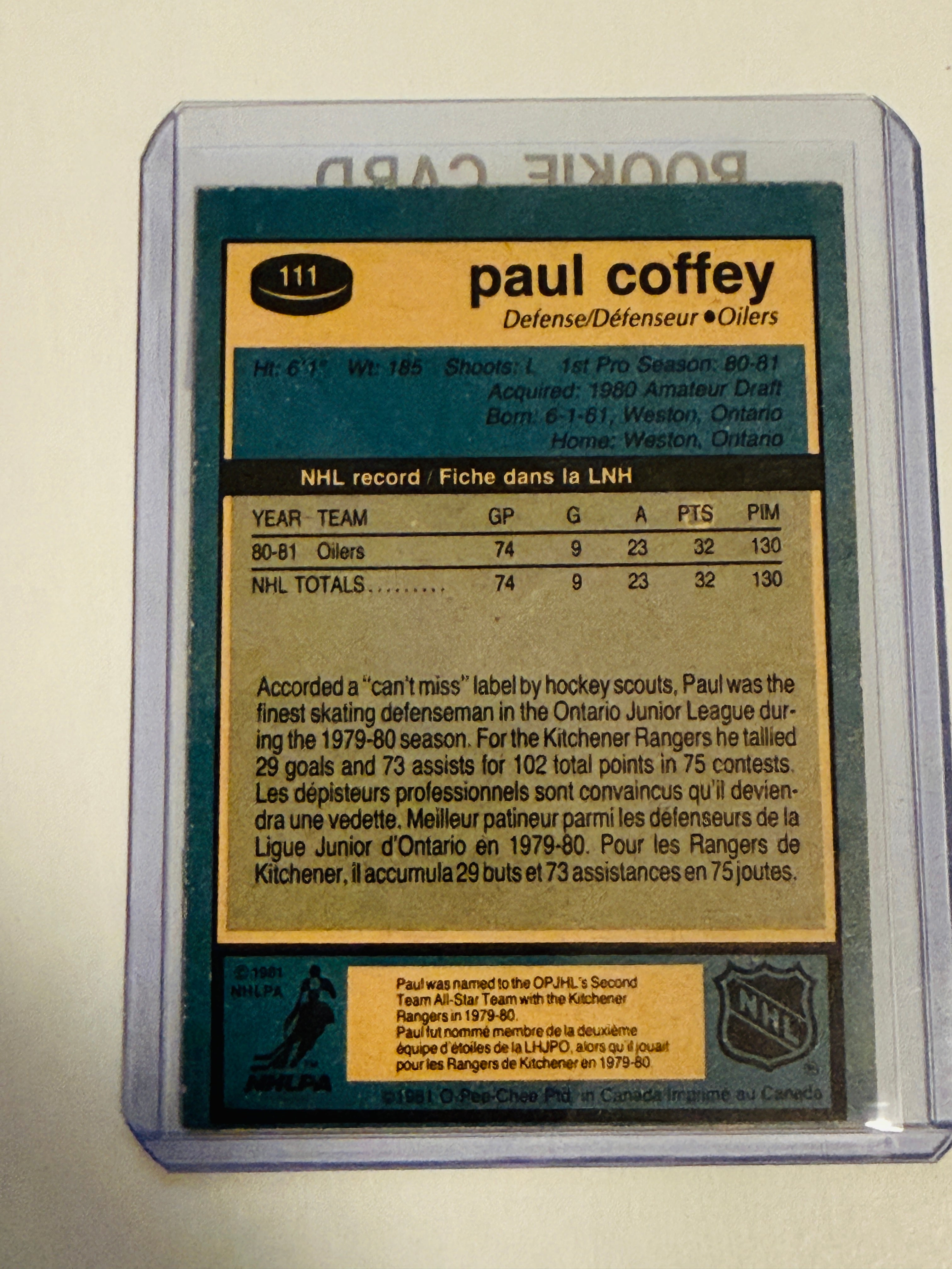 Paul Coffey opc rookie high grade condition card 1980/81