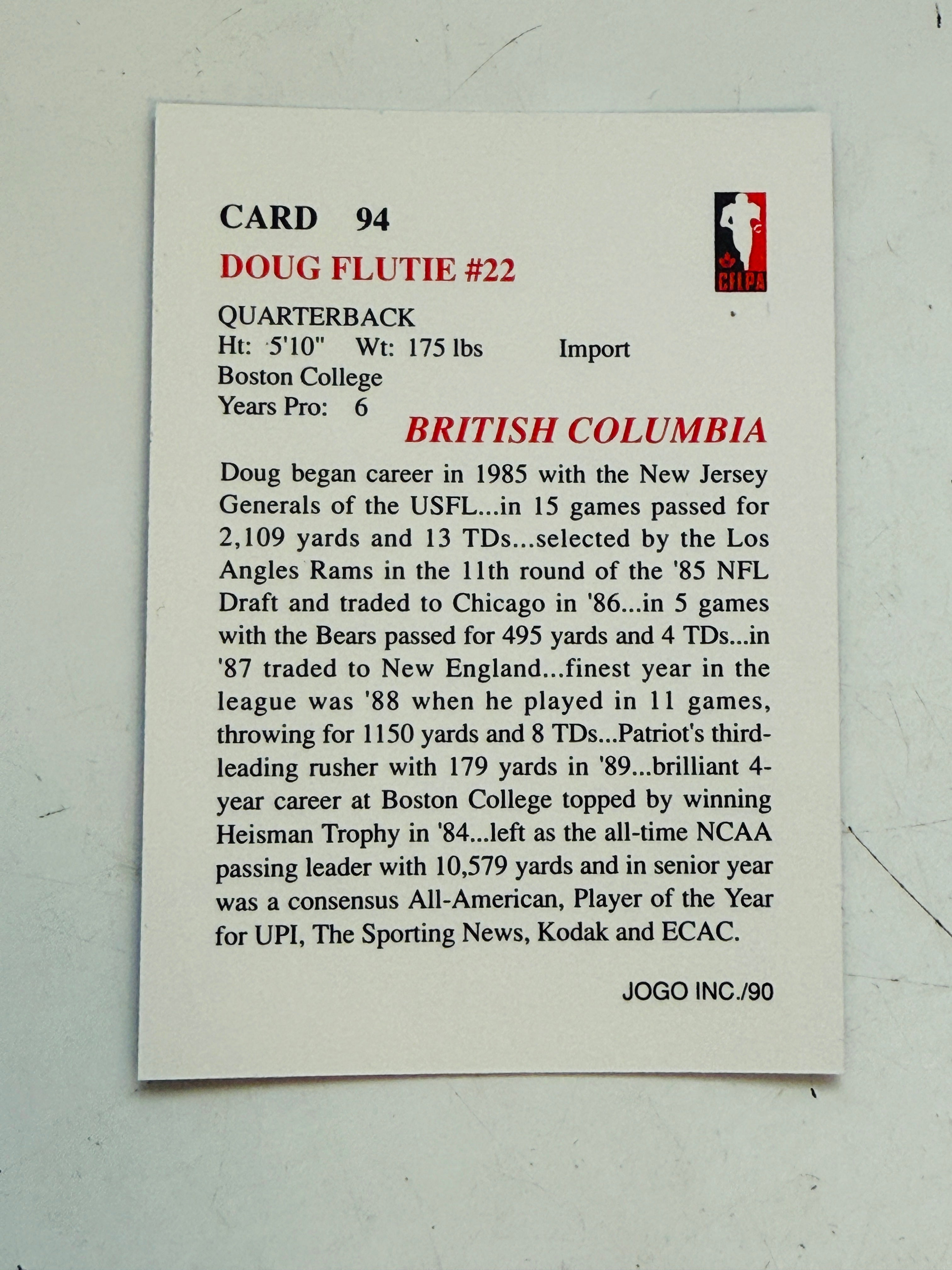 CFL football Doug Flutie rookie card 1990