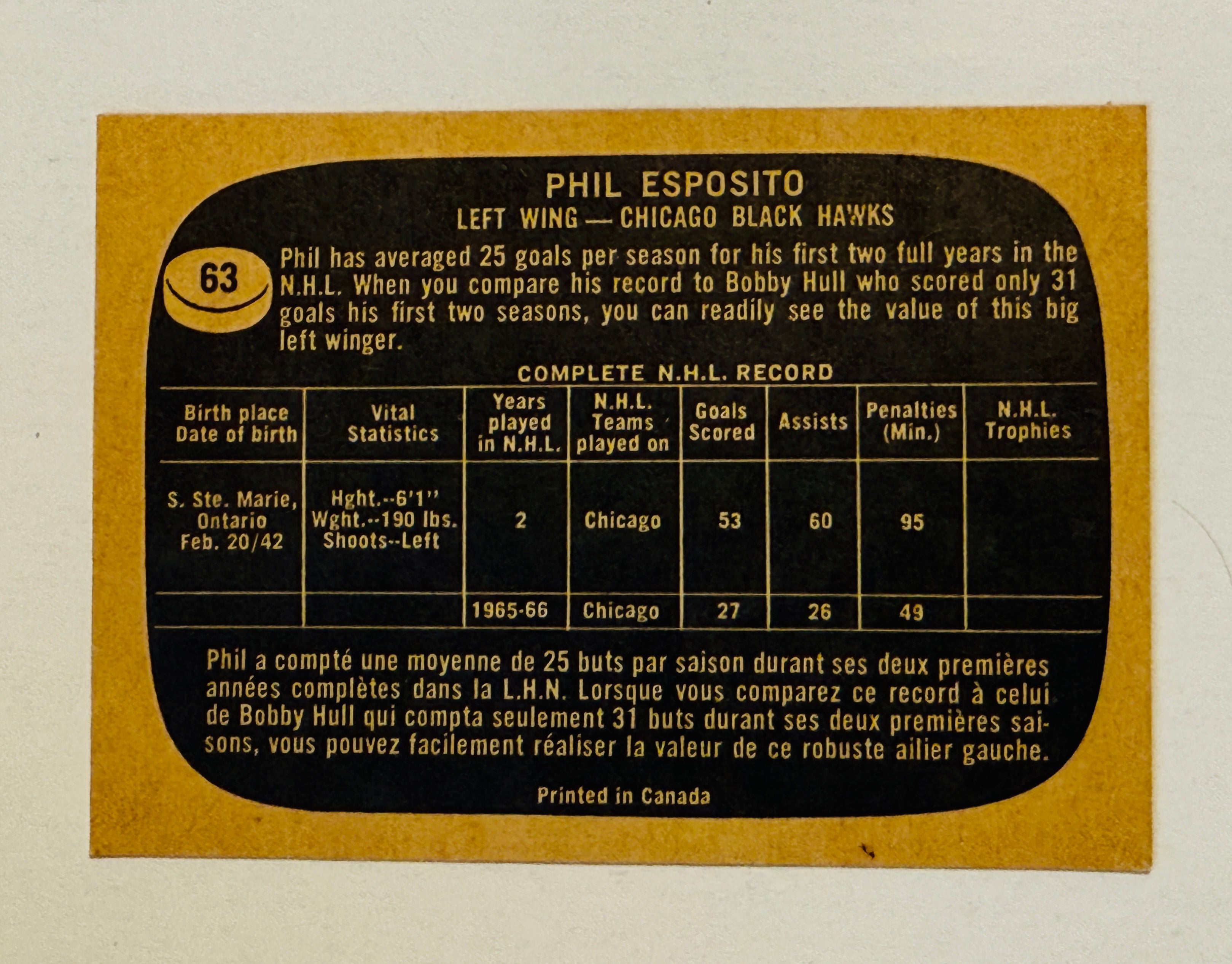 Phil Esposito OPC high-grade condition hockey card 1966–67