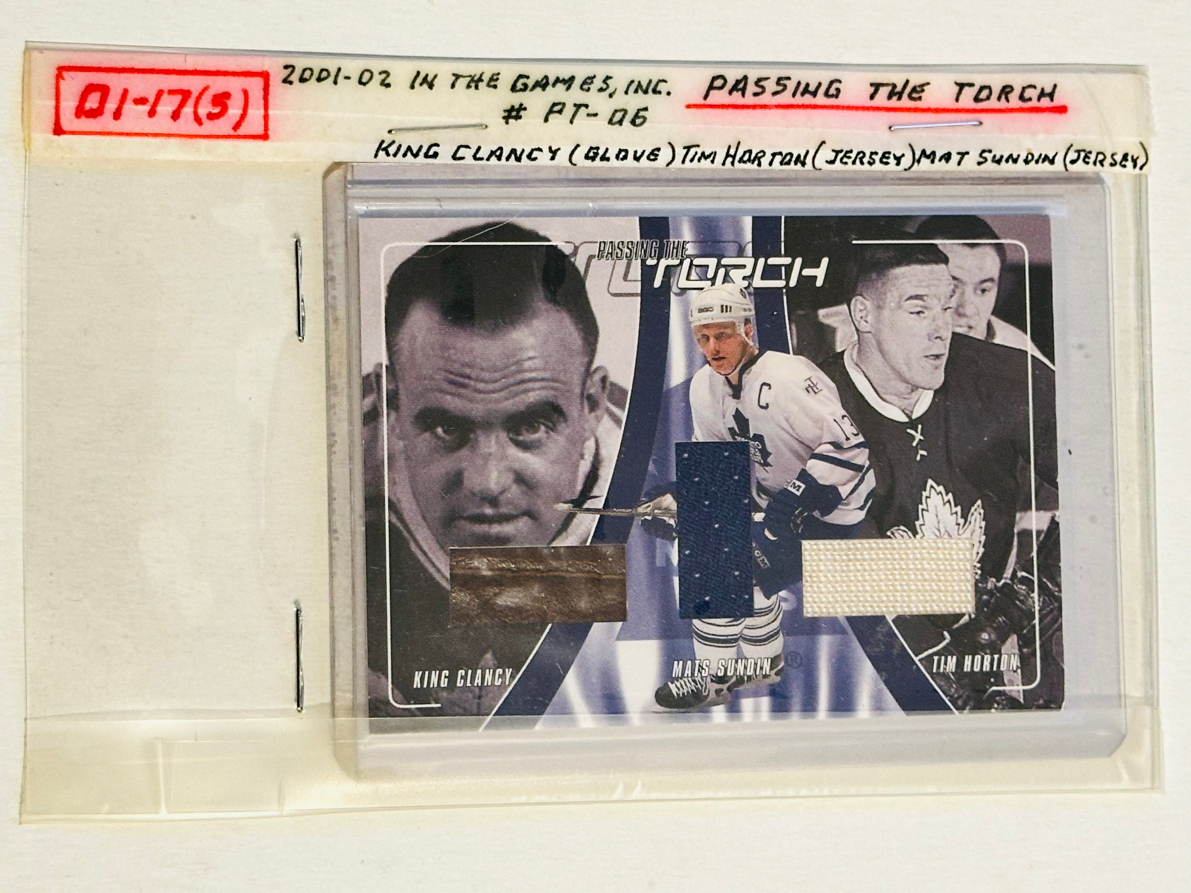 Toronto Maple Leafs Tim Horton , king Clancy, Mats Sundin rare triple memorabilia hockey insert card 2001