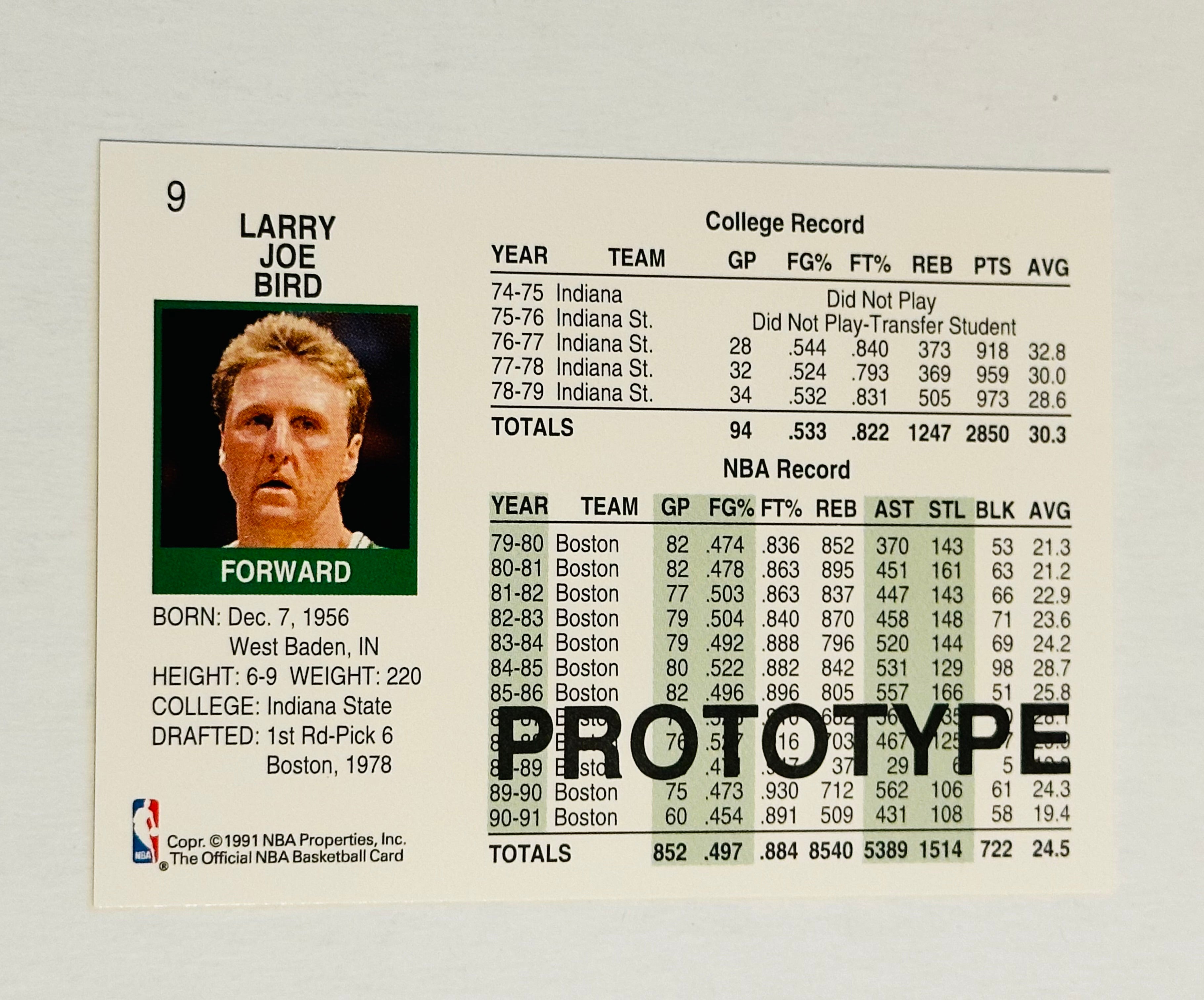 rare nba basketball cards Larry Bird NBA legend rare Hoops prototype basketball card 1991