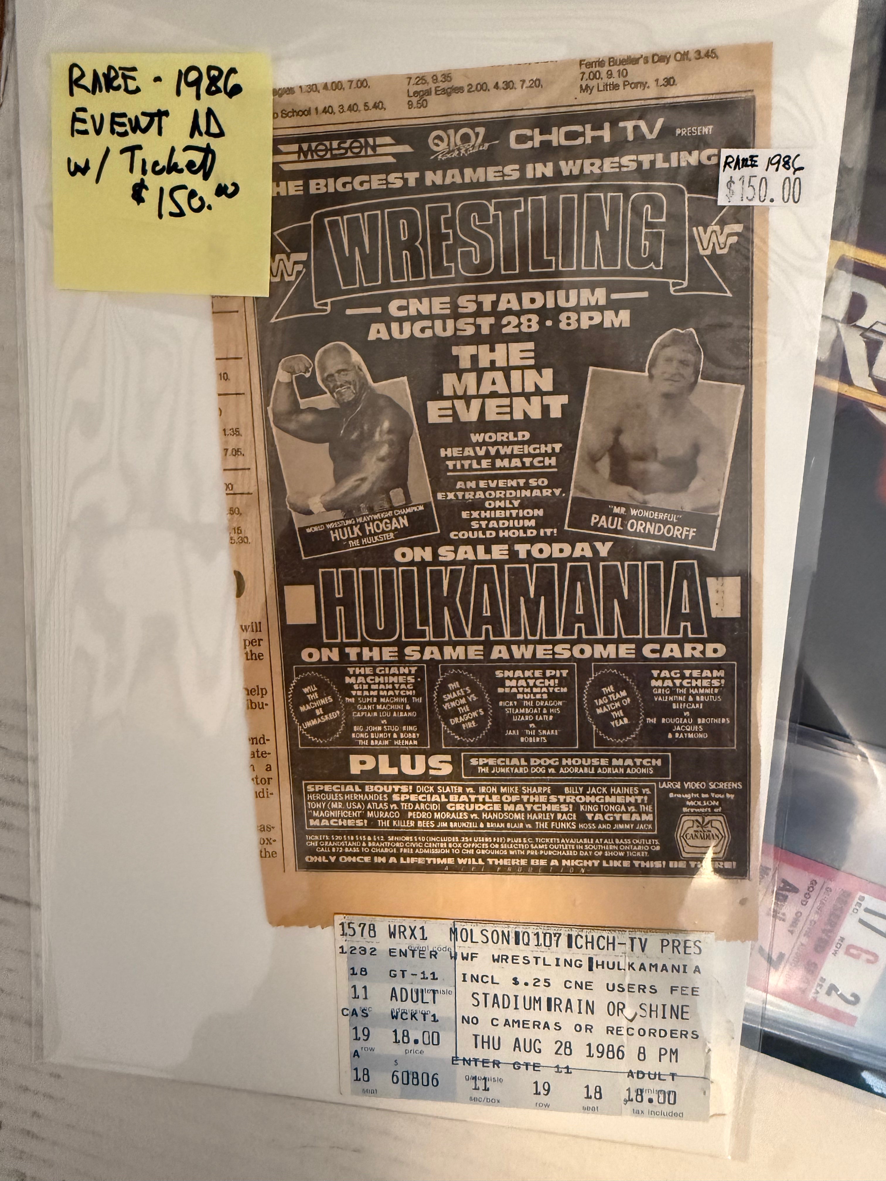 Wrestling event, rare vintage clipping and original ticket 1986