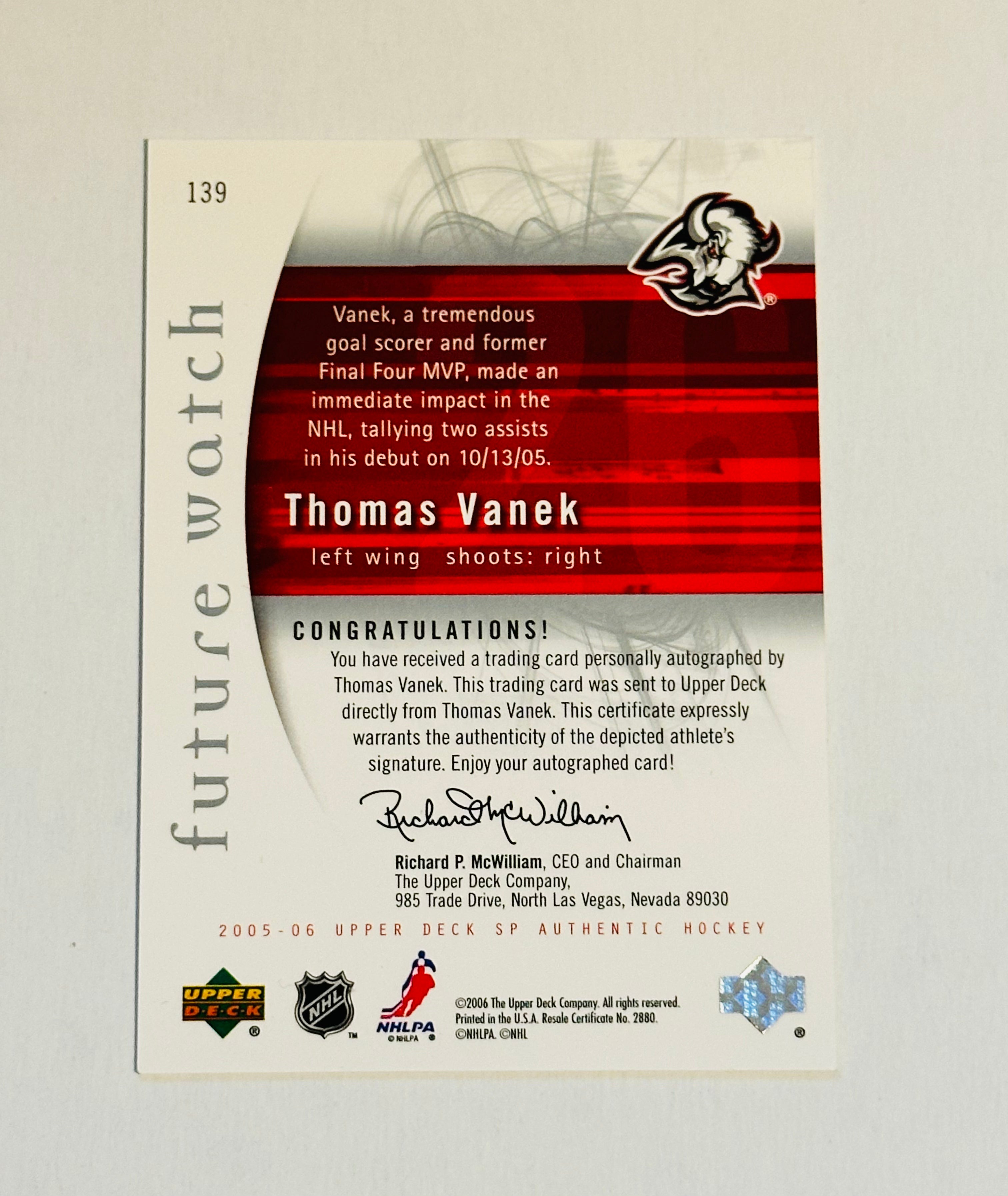 Thomas Vanek UD sp authentic autograph numbered hockey rookie card 2006