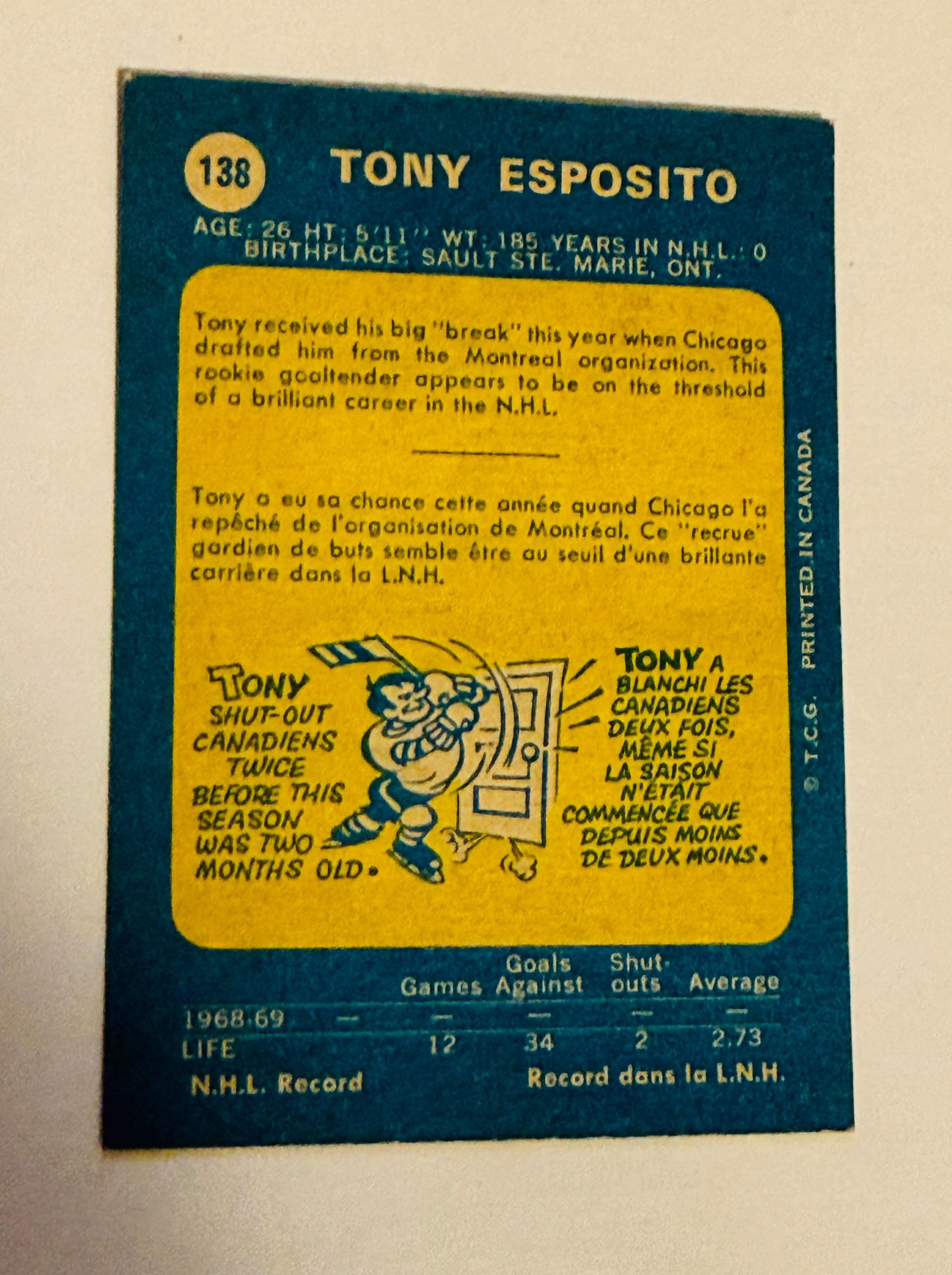 Tony Esposito, NHL legend high grade condition Opc rookie hockey card 1969