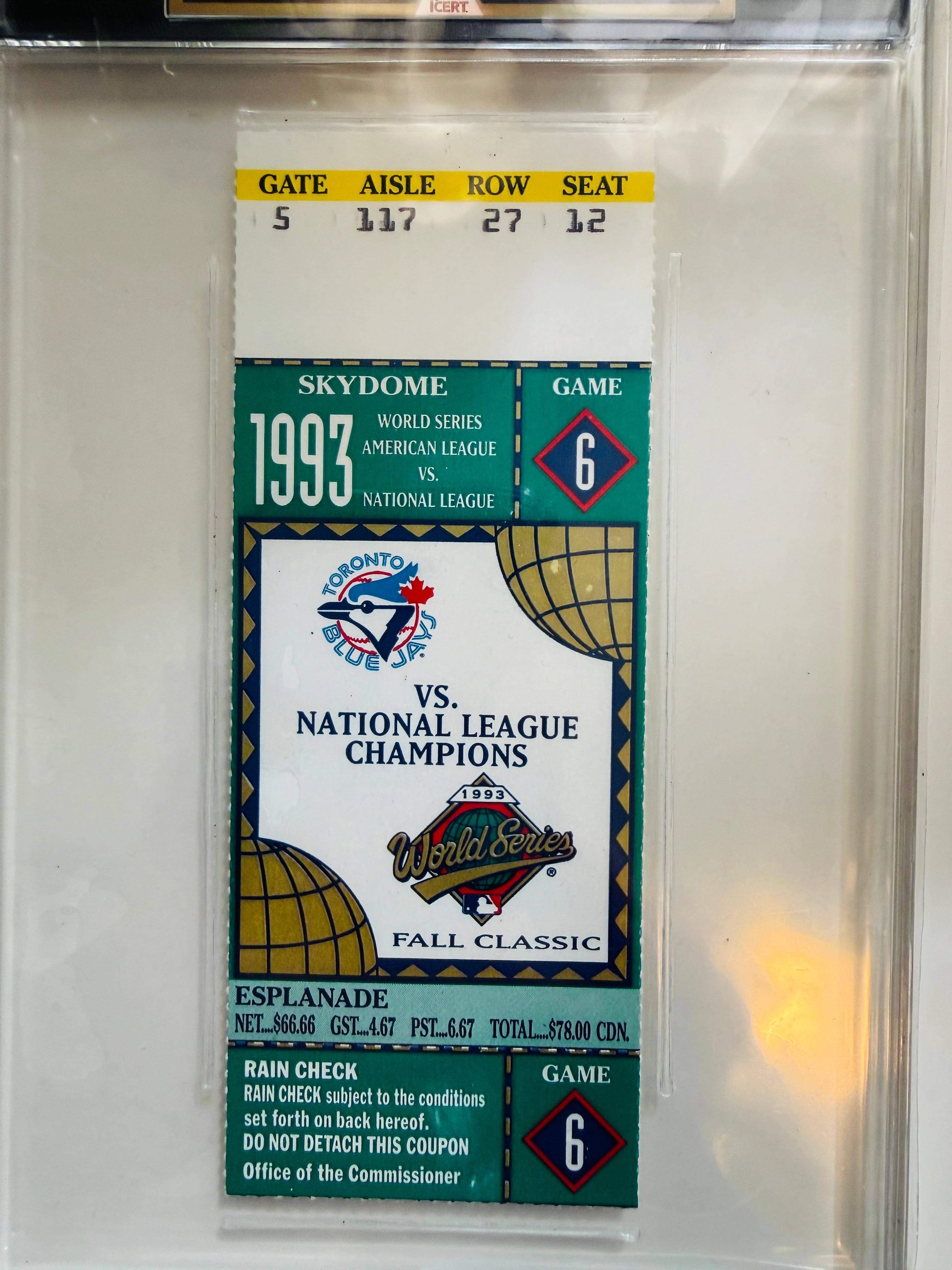 1993 Blue Jays baseball World Series game 6 graded game winning ticket