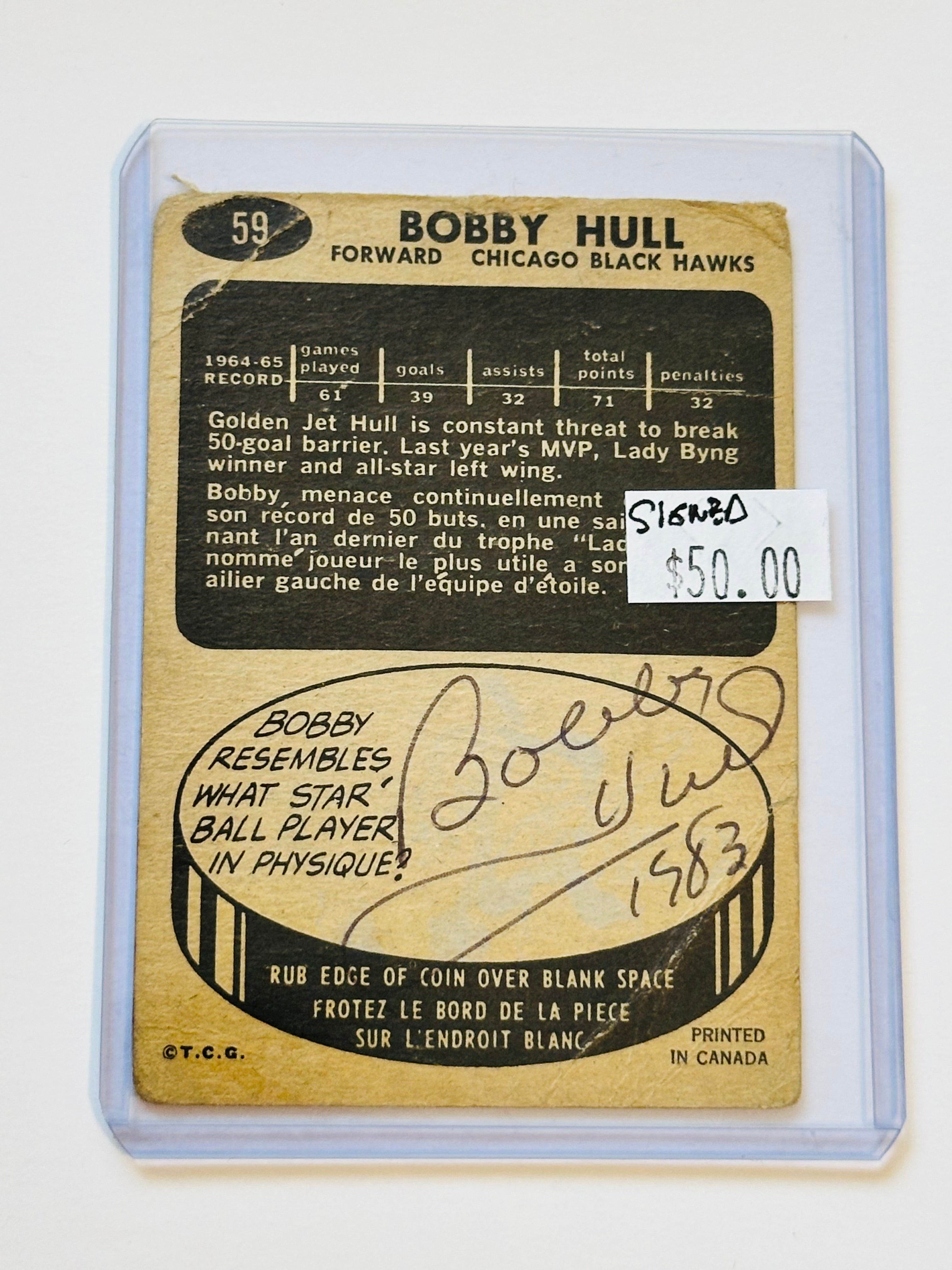 Bobby Hull vintage banged up autograph on back hockey card sold with COA 1965