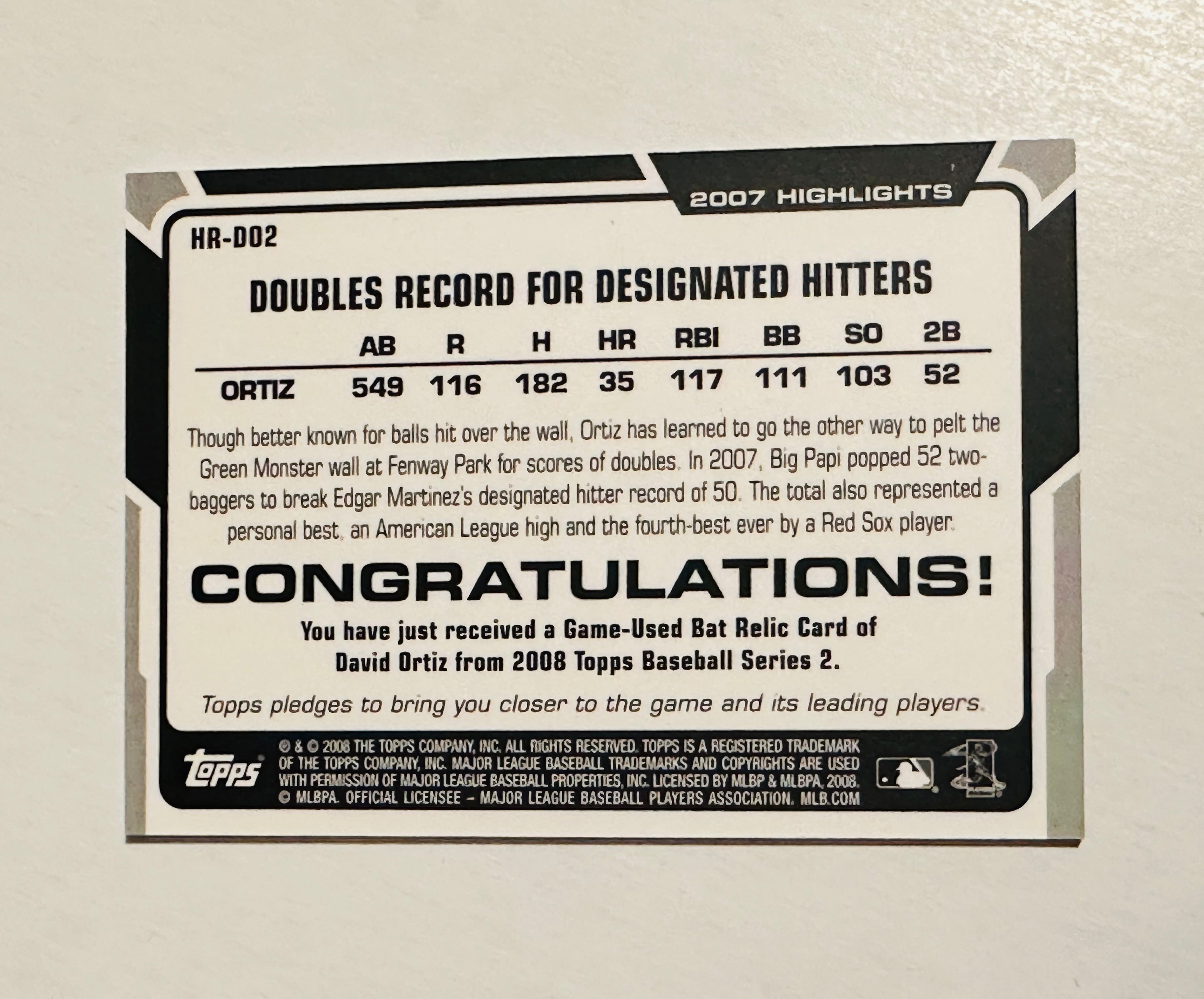 David Ortiz baseball bat insert memorabilia card