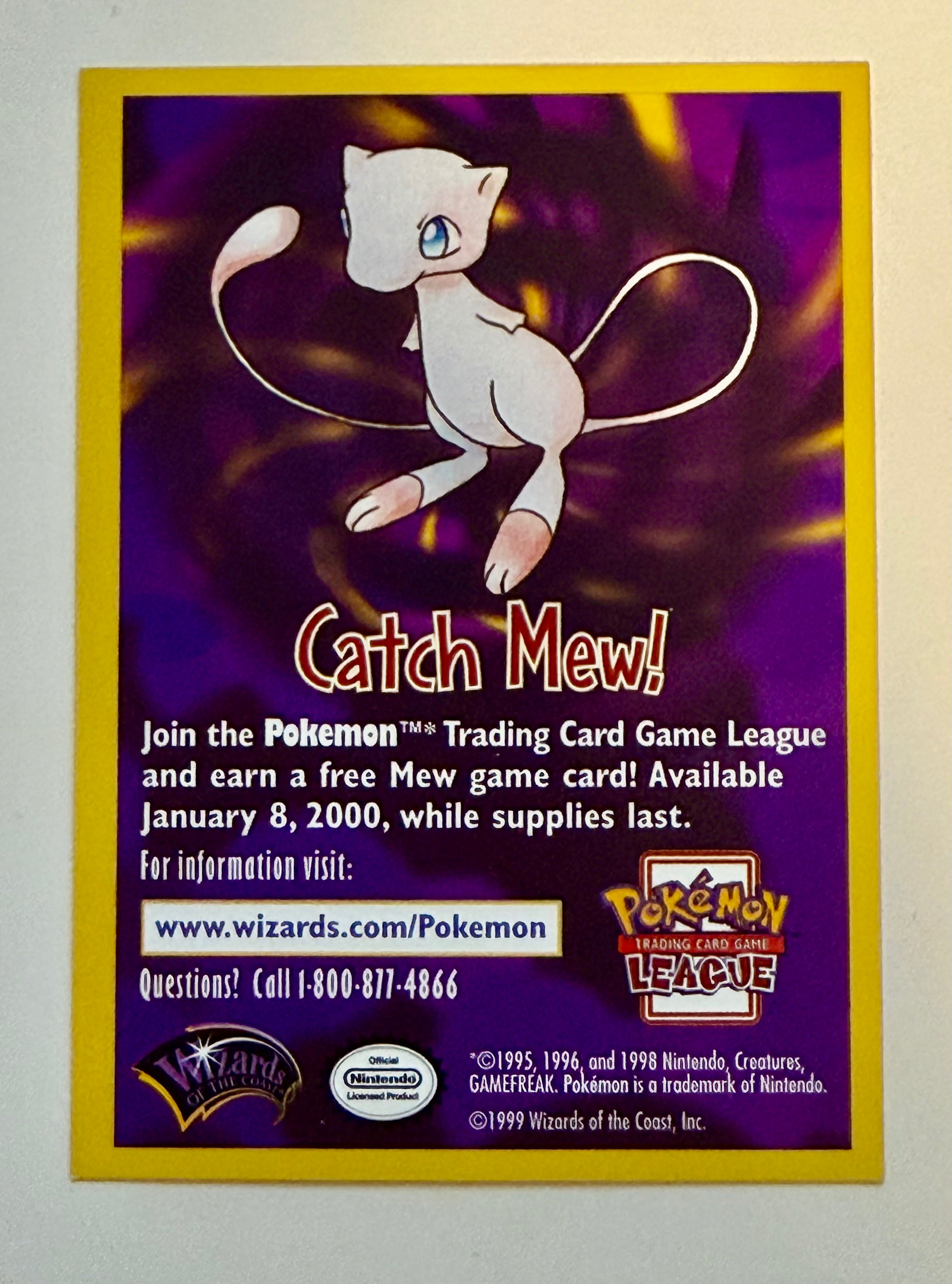 Pokmon Mew ad rare movie card, blank back rare ad card 1999 Pokmon Mew ad rare movie card, blank back rare ad card 1999