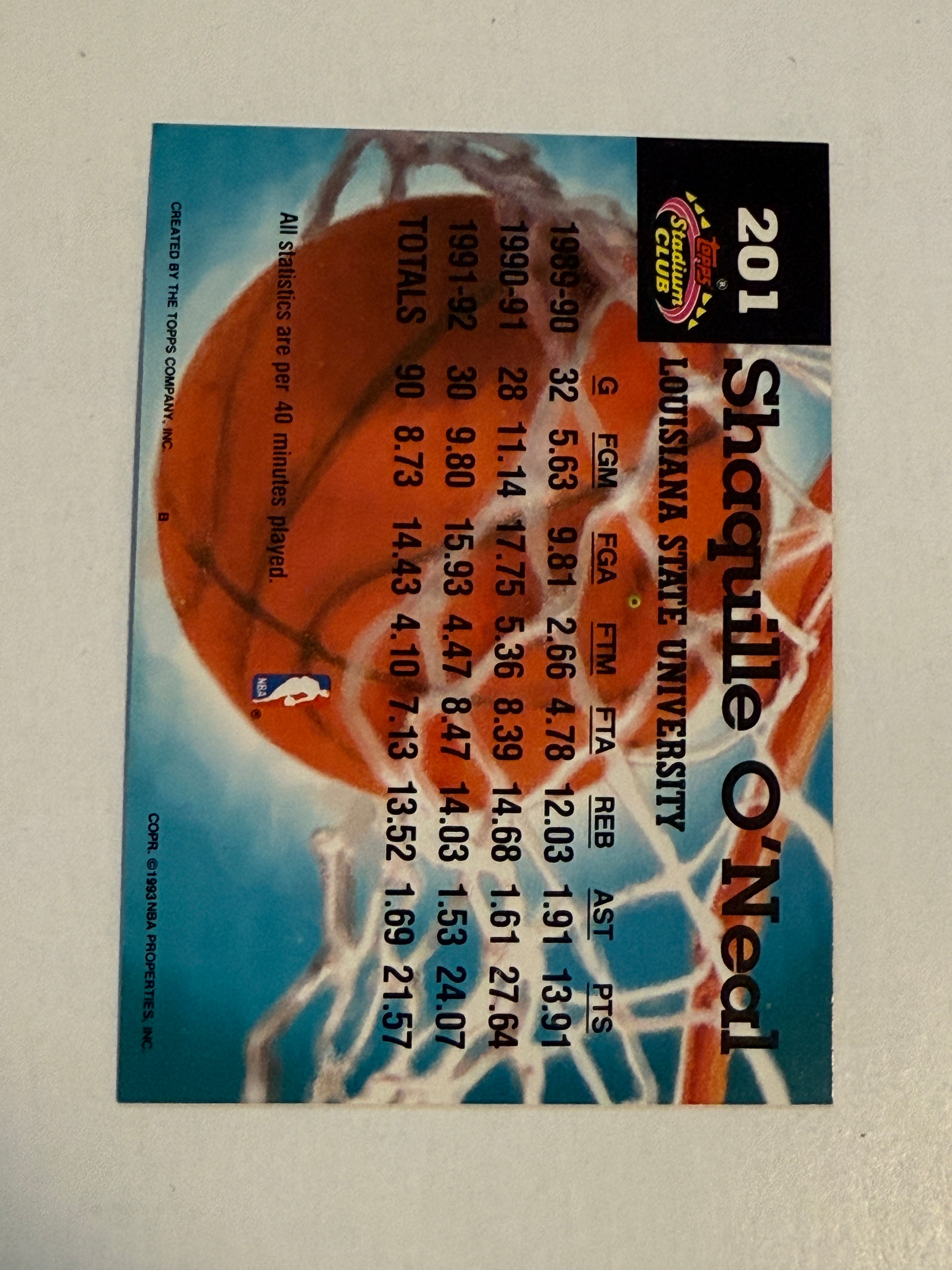 Shaq ONeal high grade condition Topps Stadium Club basketball card 1992