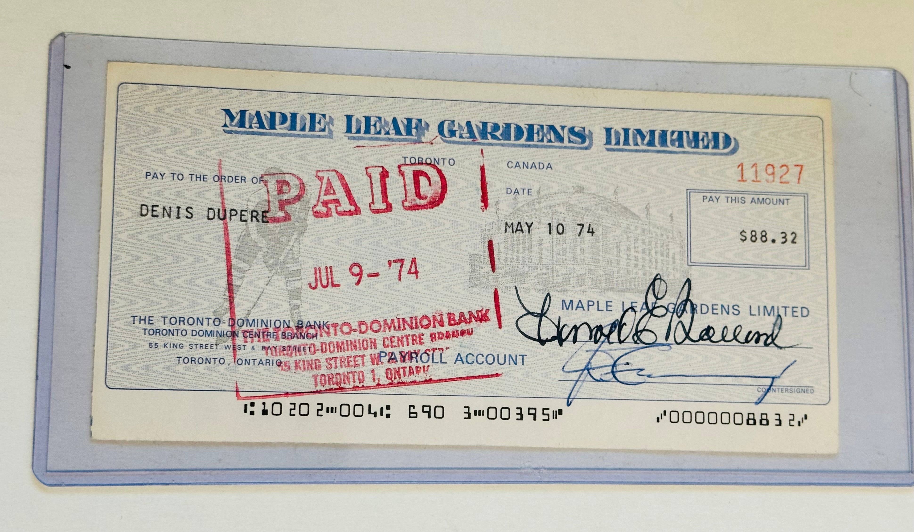 Toronto Maple Leafs Harold Ballard, rare signed check with Dennis Dupree, 1974