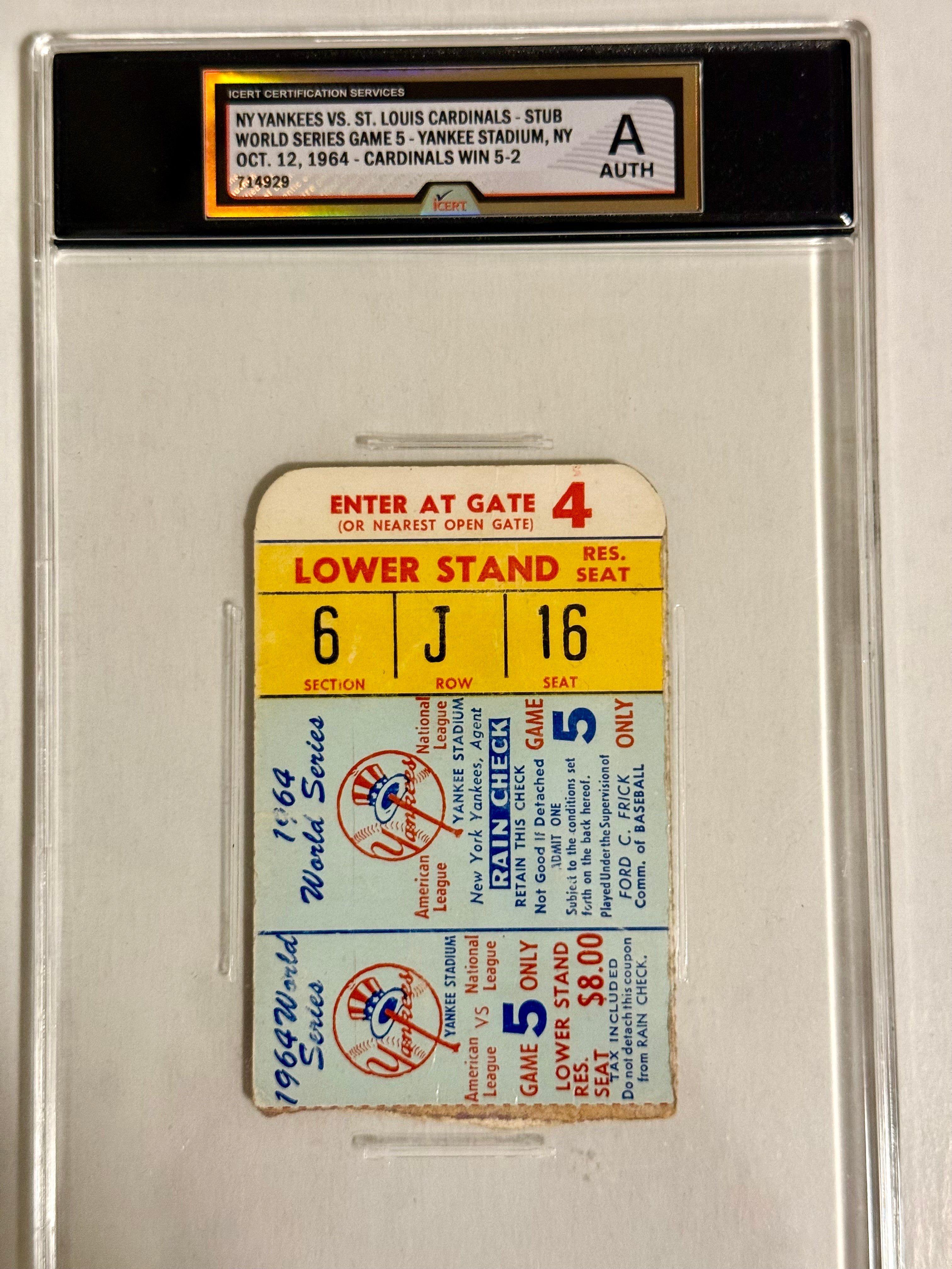 1964 World Series graded baseball ticket Game 5