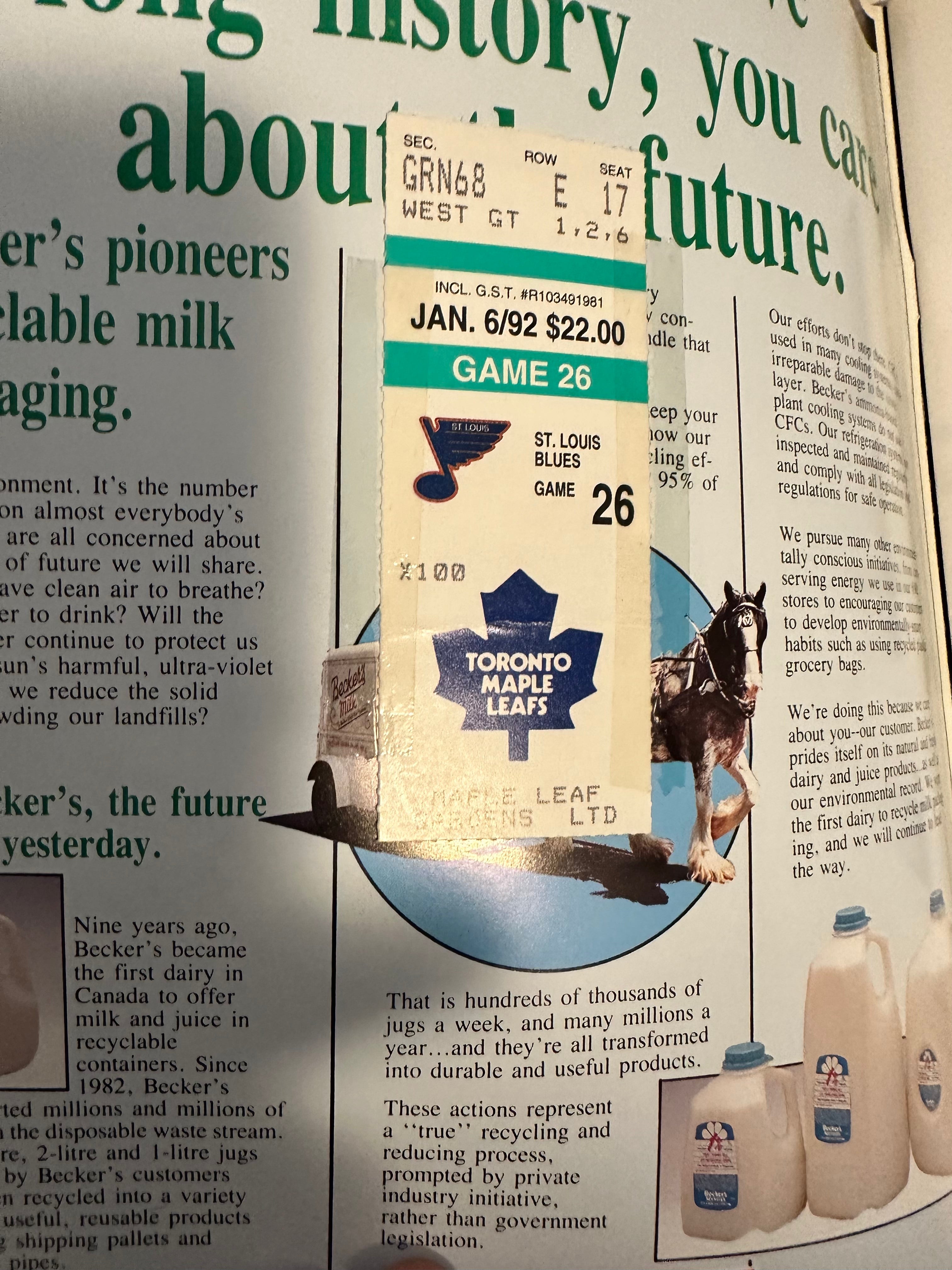 Toronto Maple Leafs hockey game original program with ticket 1992.