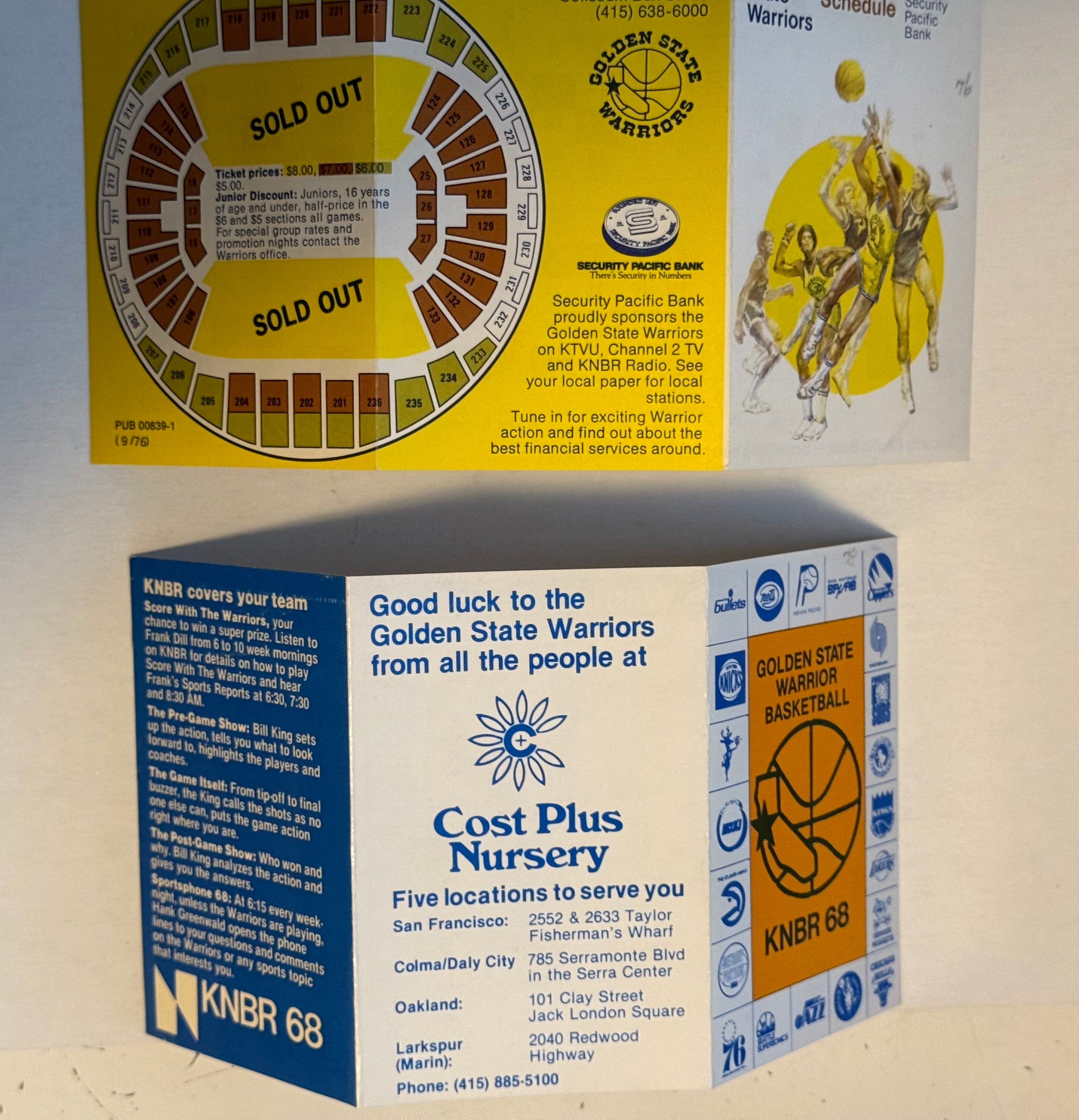 Golden State Warriors basketball two pocket schedules 1976,1978