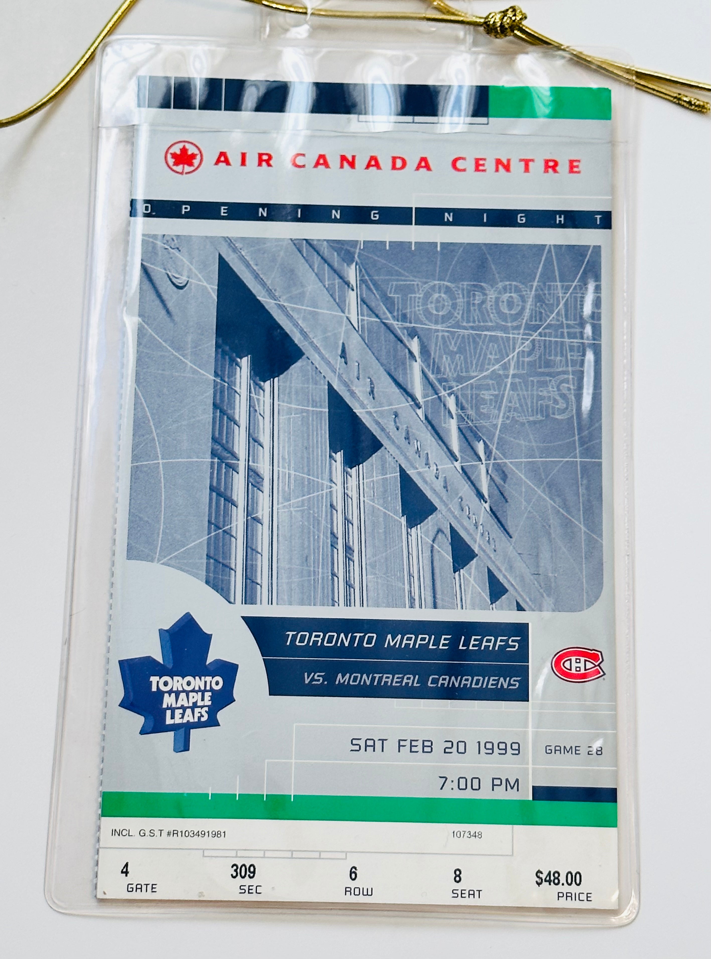 Toronto Maple Leafs first Air Canada center game ticket protected in Lanyard Leafs vs Montreal 1999