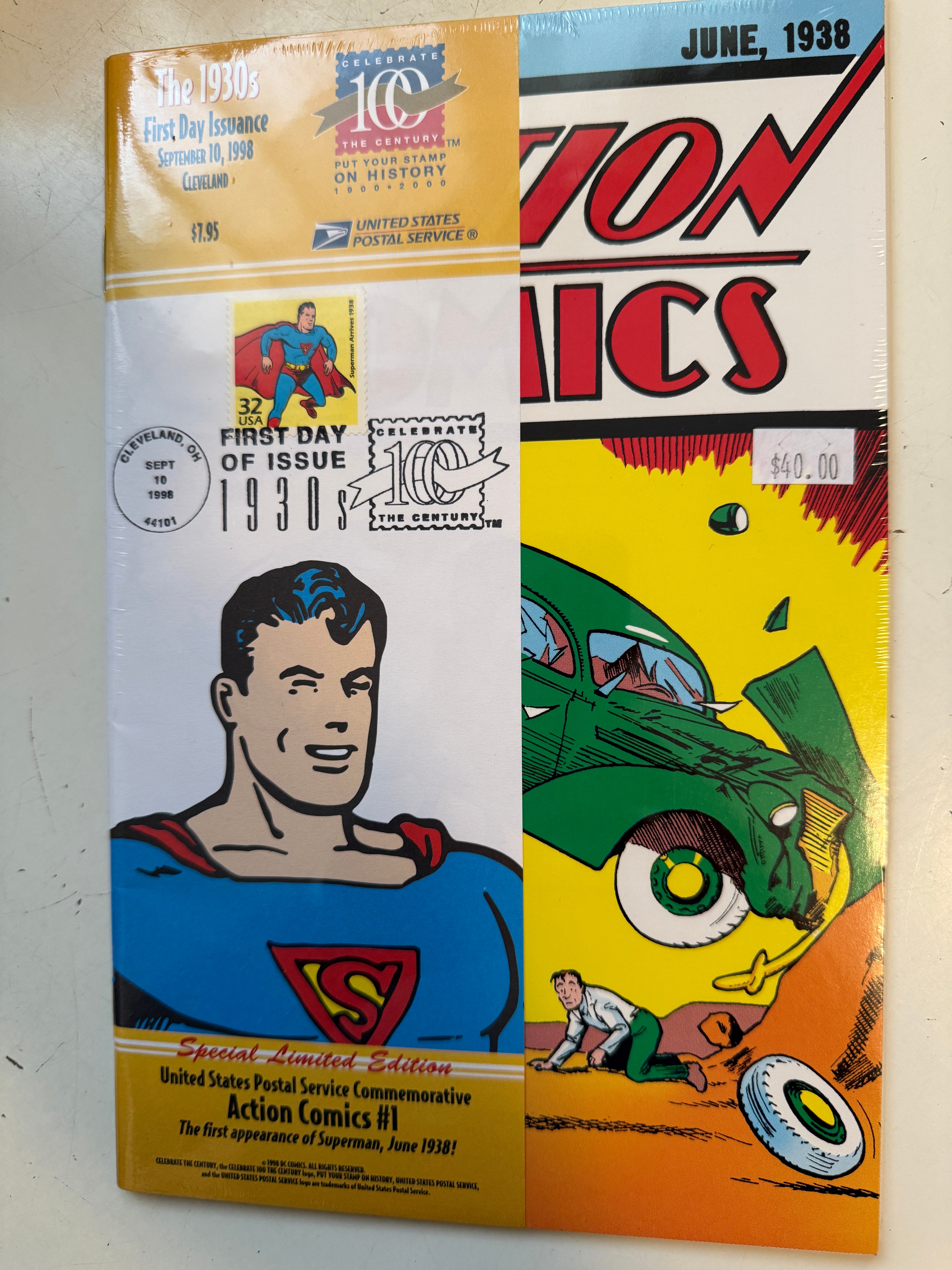 Superman action comics first issue reprint with first day issued stamp factory sealed 1998