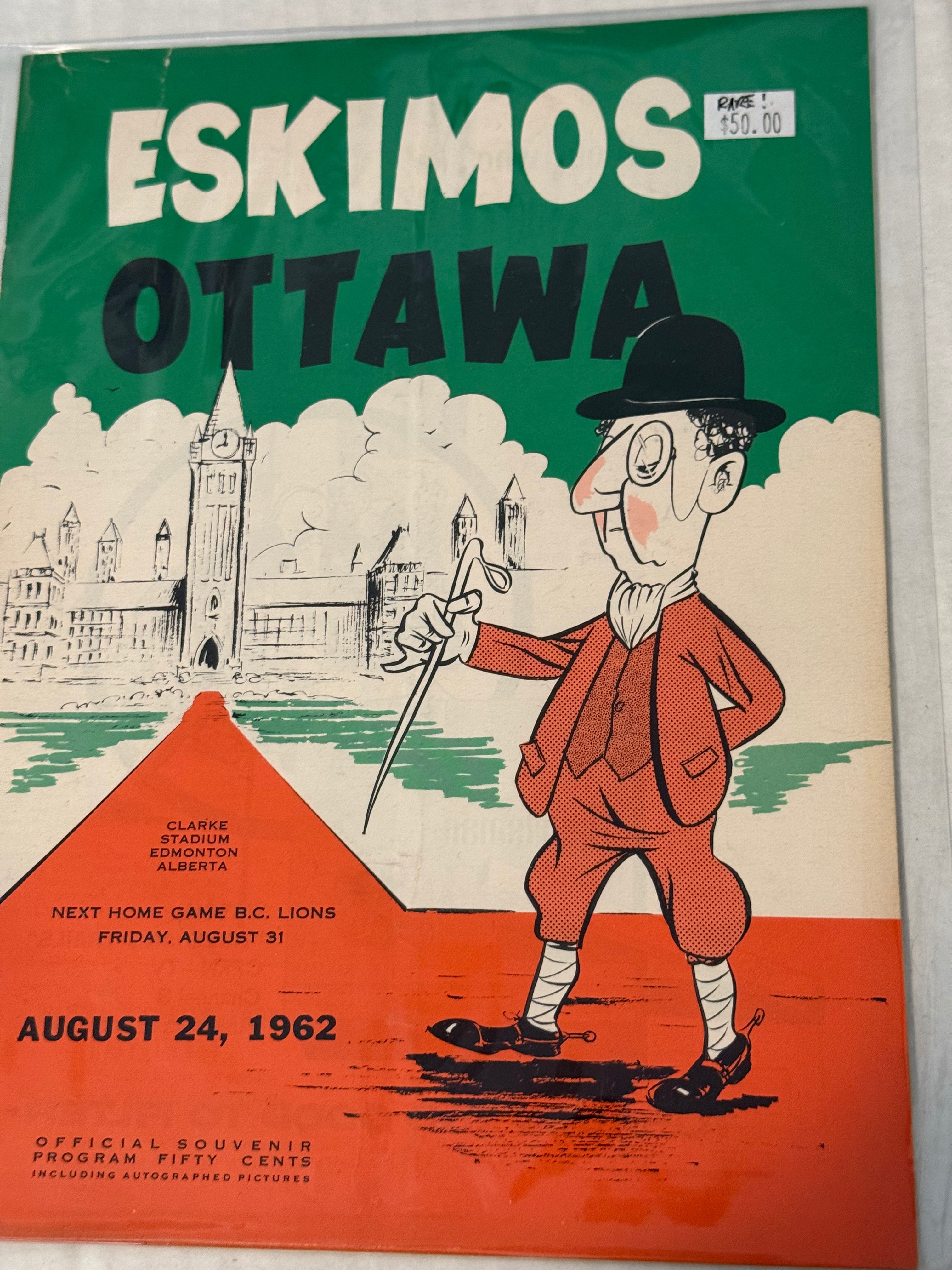 CFL football vintage program Ottawa vs Eskimos program 1962