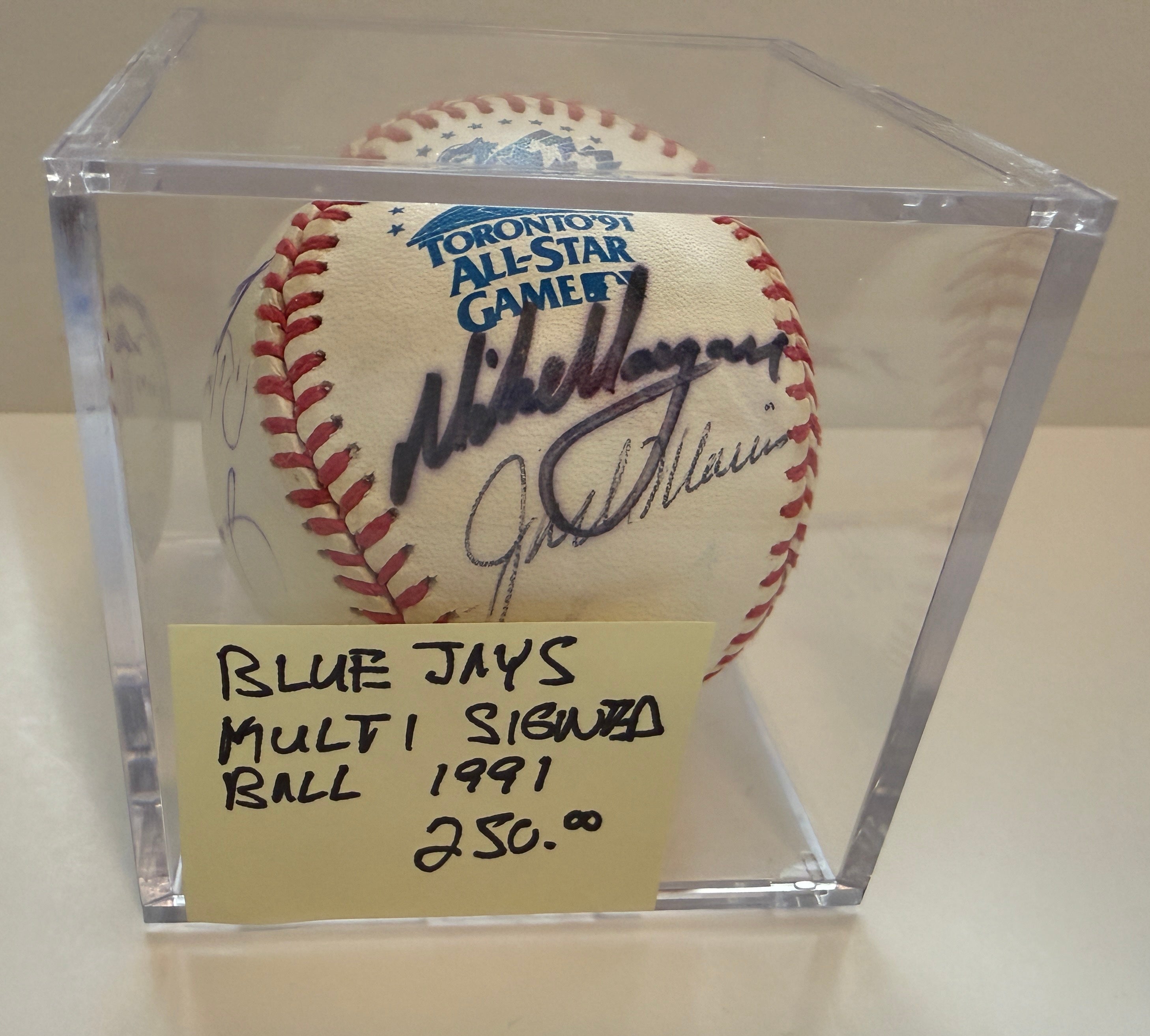 Blue Jays All-Star game multi autographed baseball in cube. Carter,Alomar, and more greats certified.
